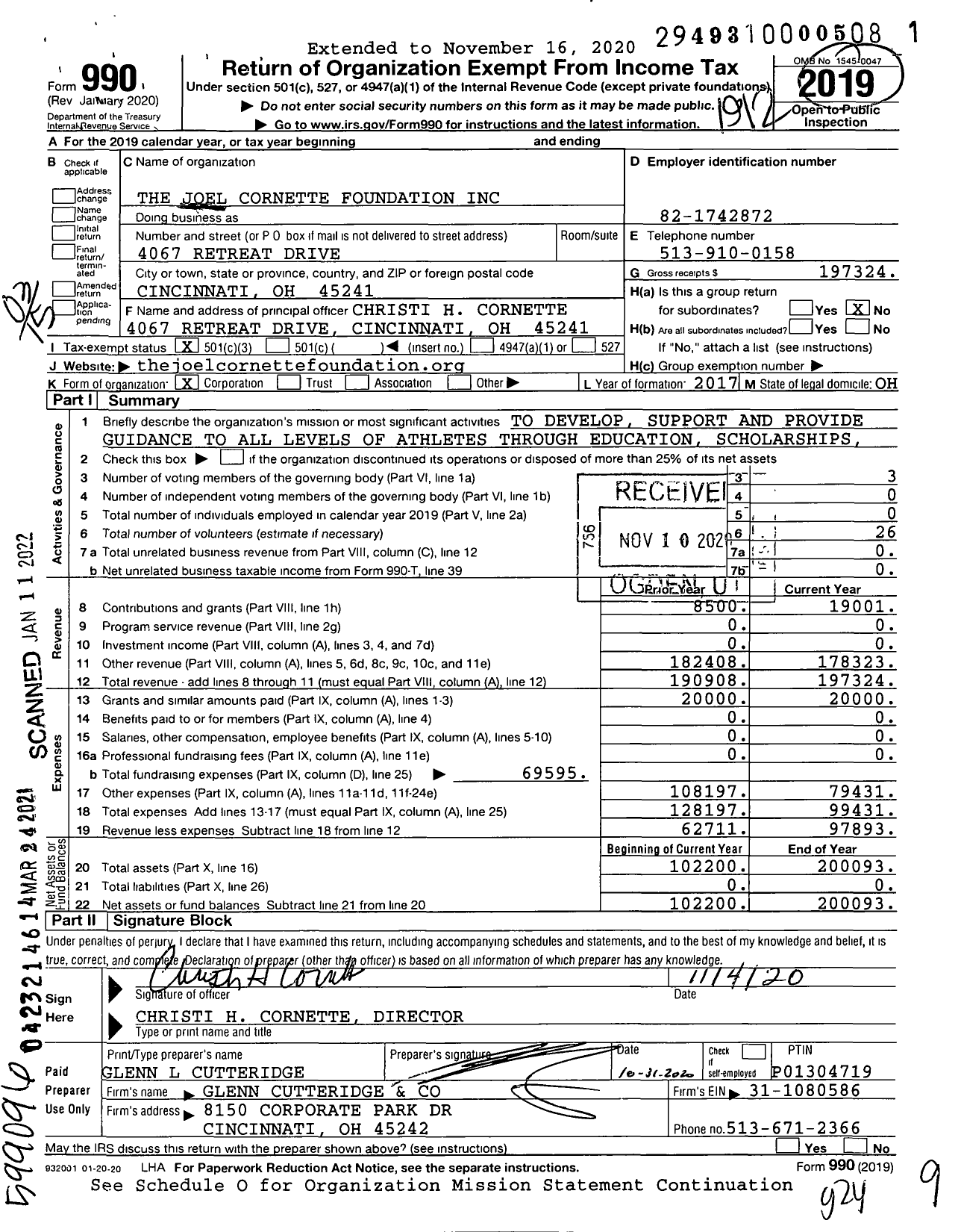 Image of first page of 2019 Form 990 for The Joel Cornette Foundation