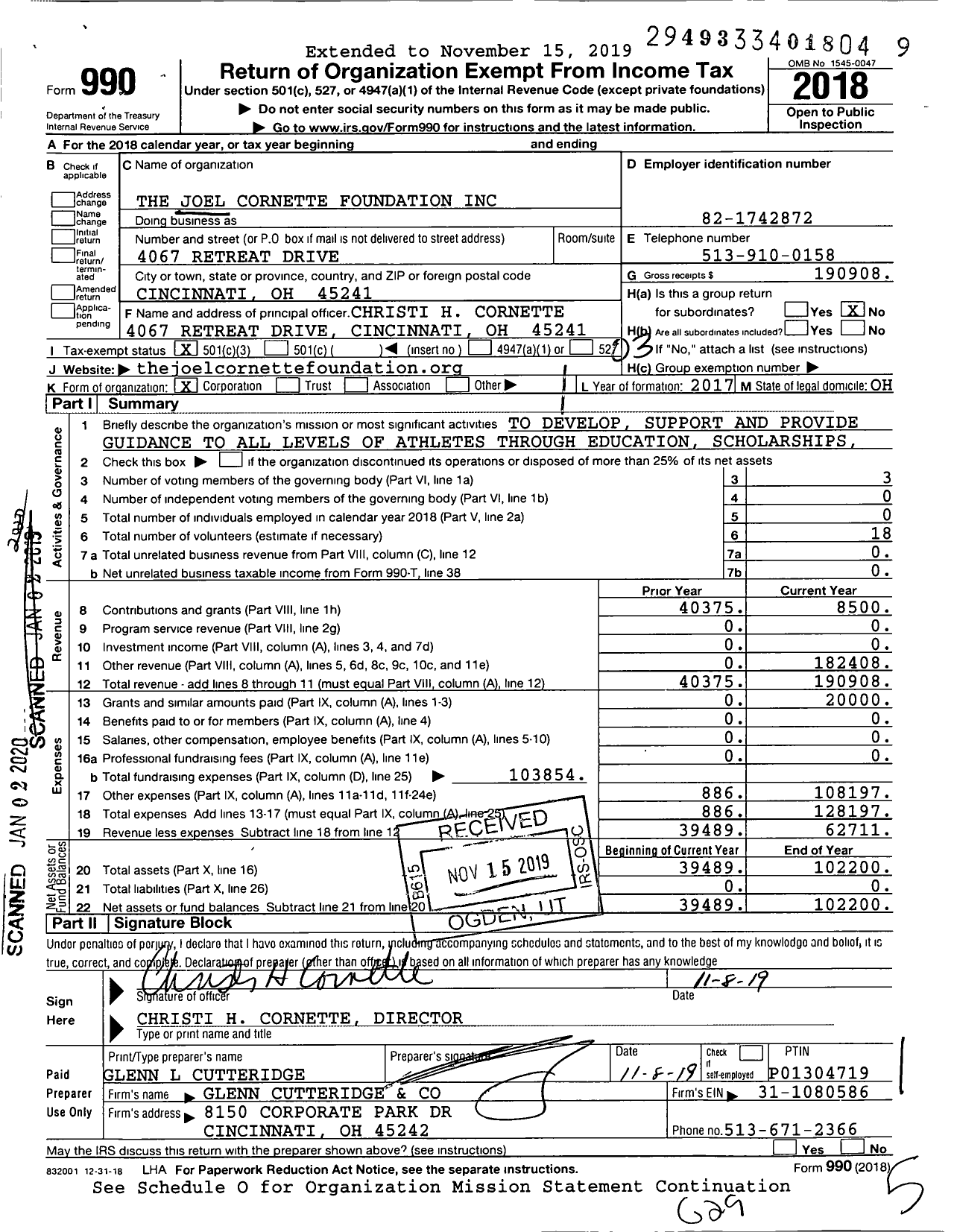 Image of first page of 2018 Form 990 for The Joel Cornette Foundation