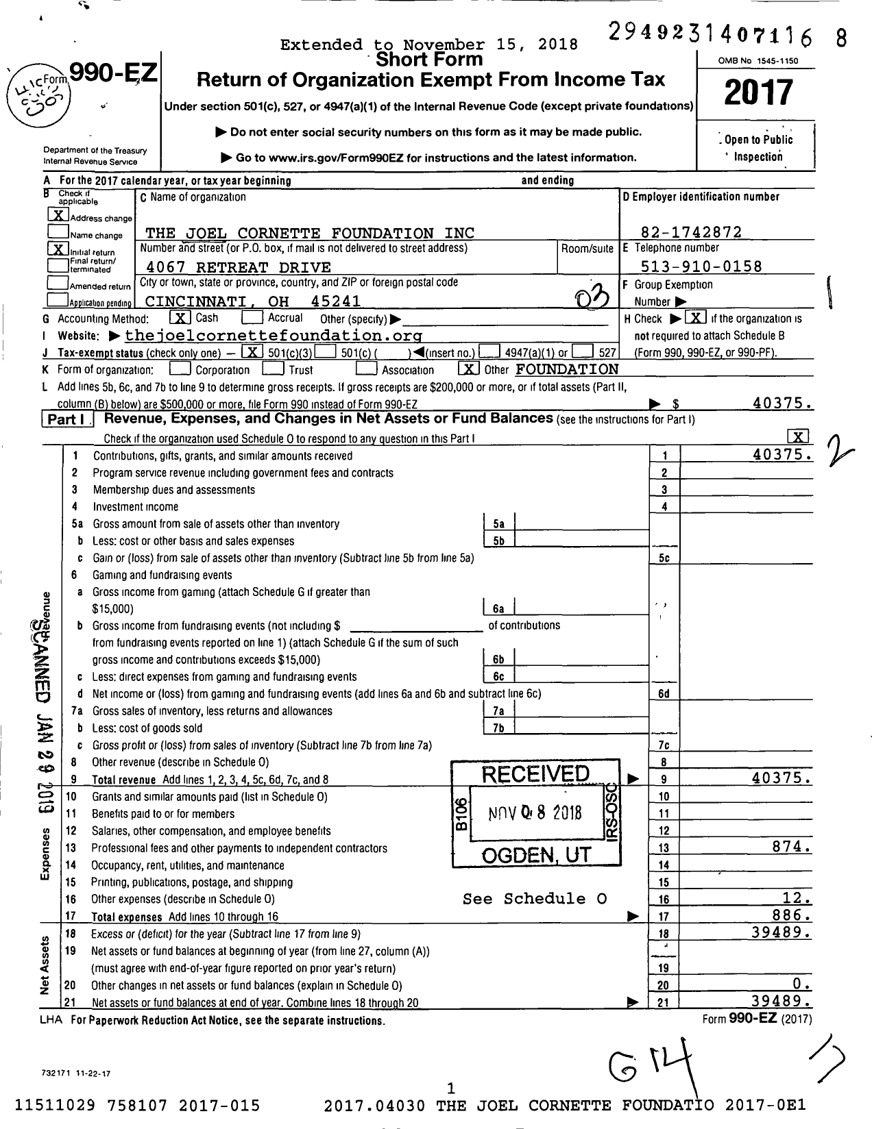 Image of first page of 2017 Form 990EZ for The Joel Cornette Foundation