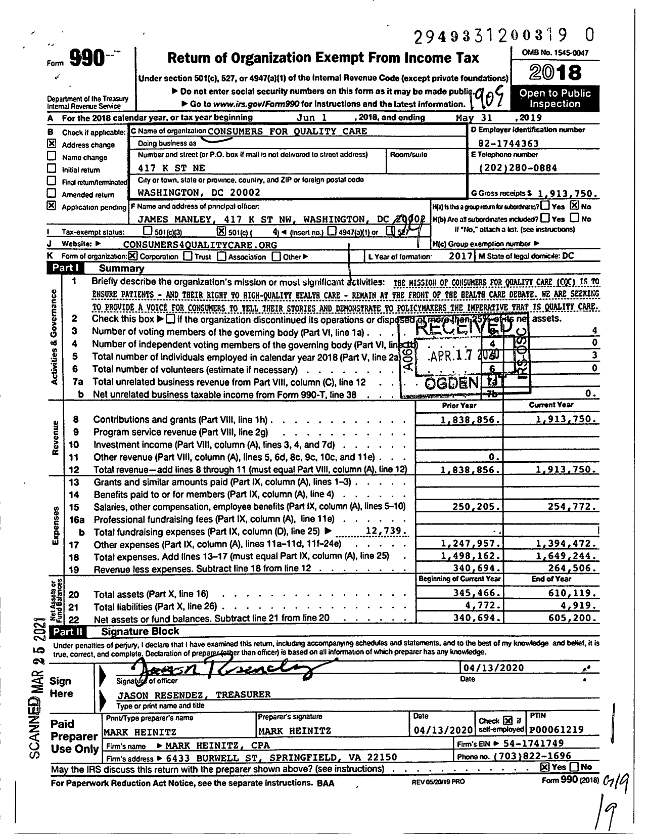 Image of first page of 2018 Form 990O for Consumers for Quality Care