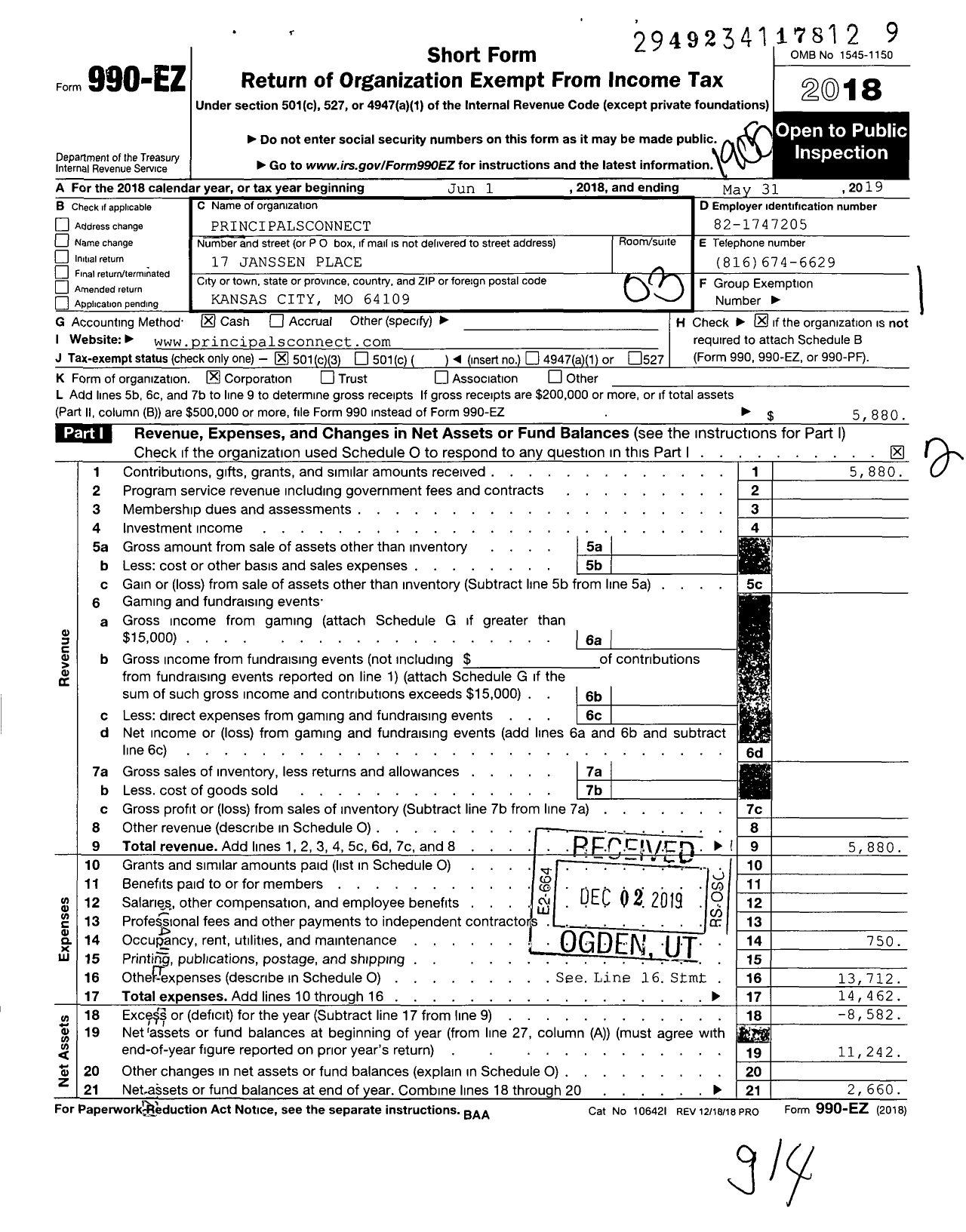 Image of first page of 2018 Form 990EZ for Principalsconnect Connect