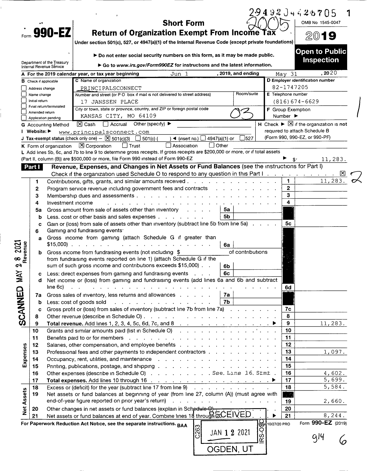 Image of first page of 2019 Form 990EZ for Principalsconnect Connect