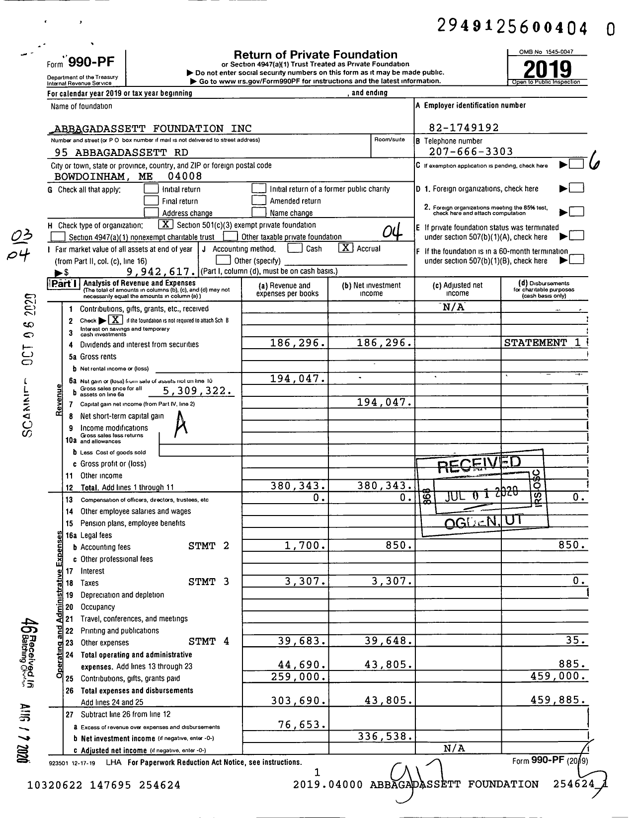 Image of first page of 2019 Form 990PR for Abbagadassett Foundation