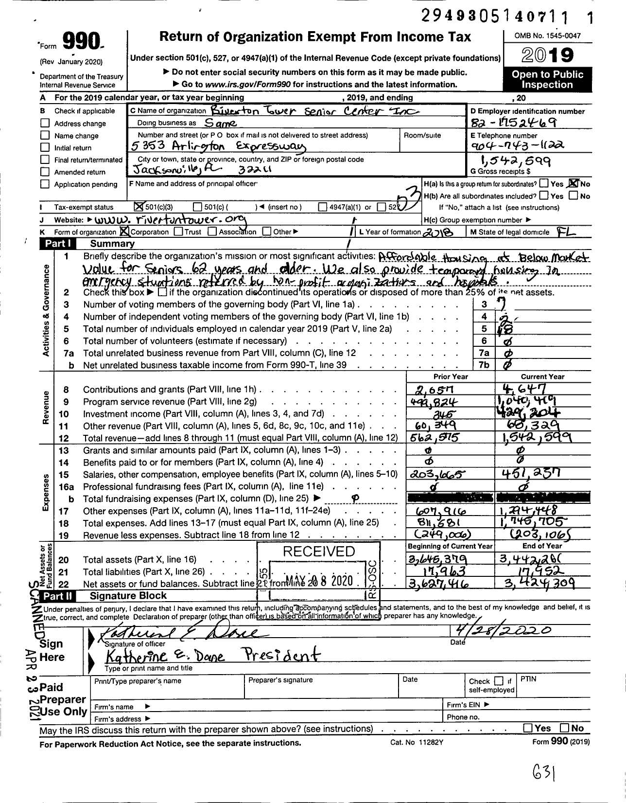 Image of first page of 2019 Form 990 for Riverton Tower Senior Center