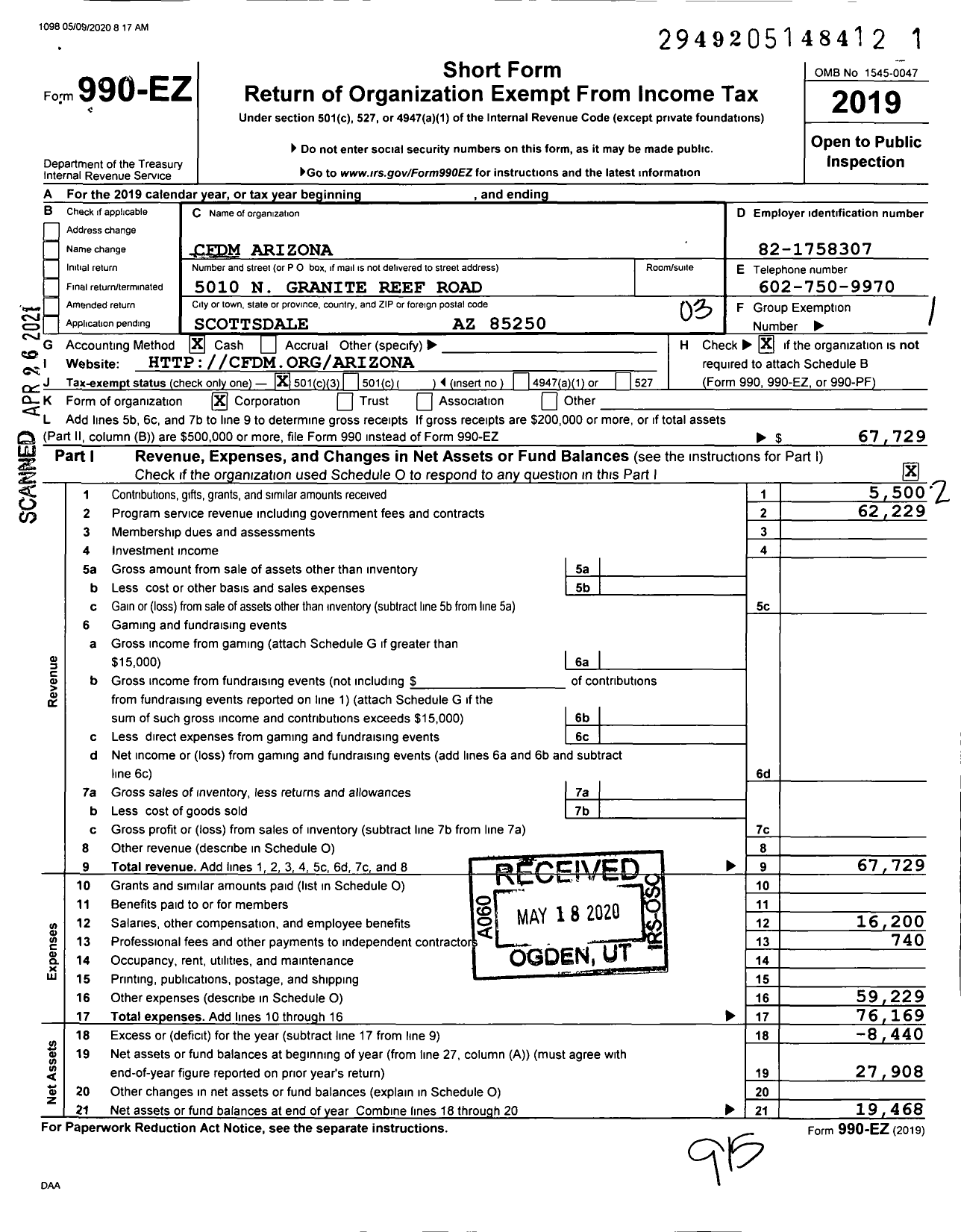 Image of first page of 2019 Form 990EZ for CFDM Arizona