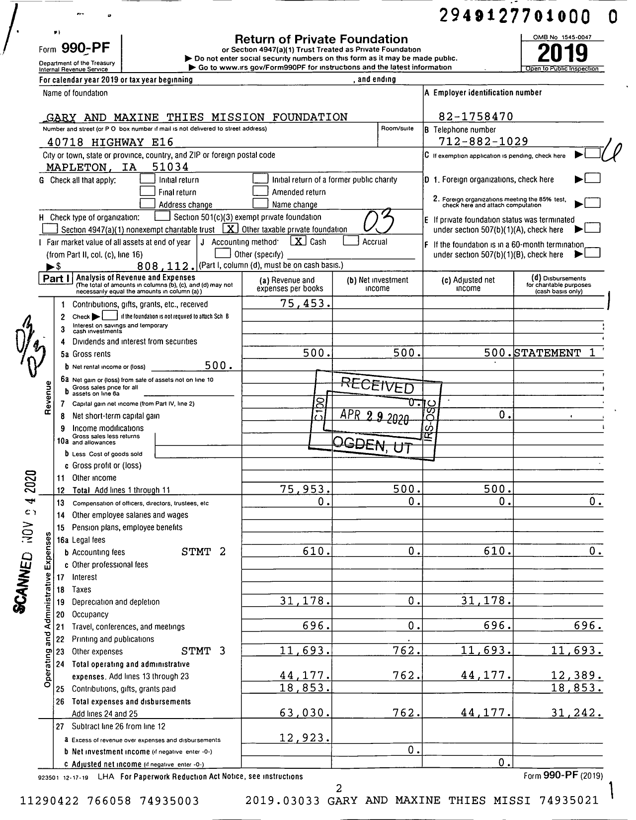 Image of first page of 2019 Form 990PF for Gary and Maxine Thies Mission Foundation