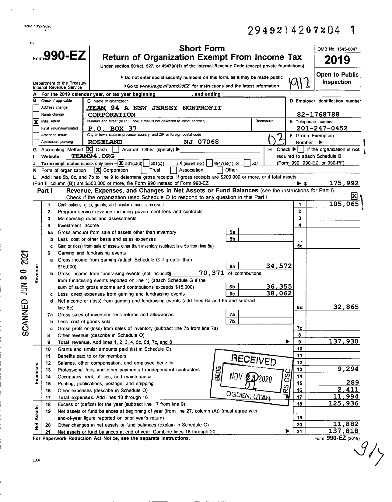 Image of first page of 2019 Form 990EZ for Team 94 A New Jersey Nonprofit Corporation