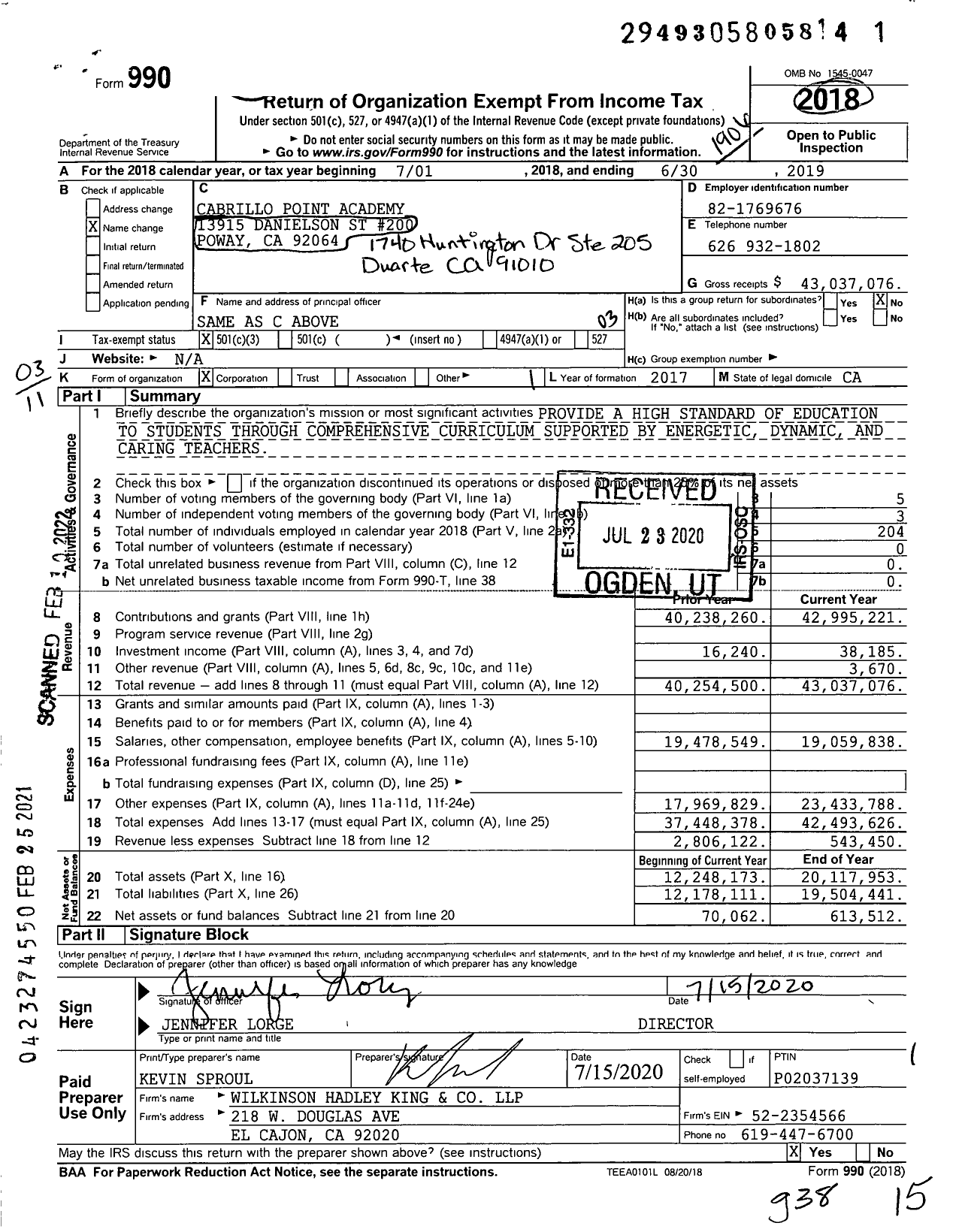 Image of first page of 2018 Form 990 for Cabrillo Point Academy