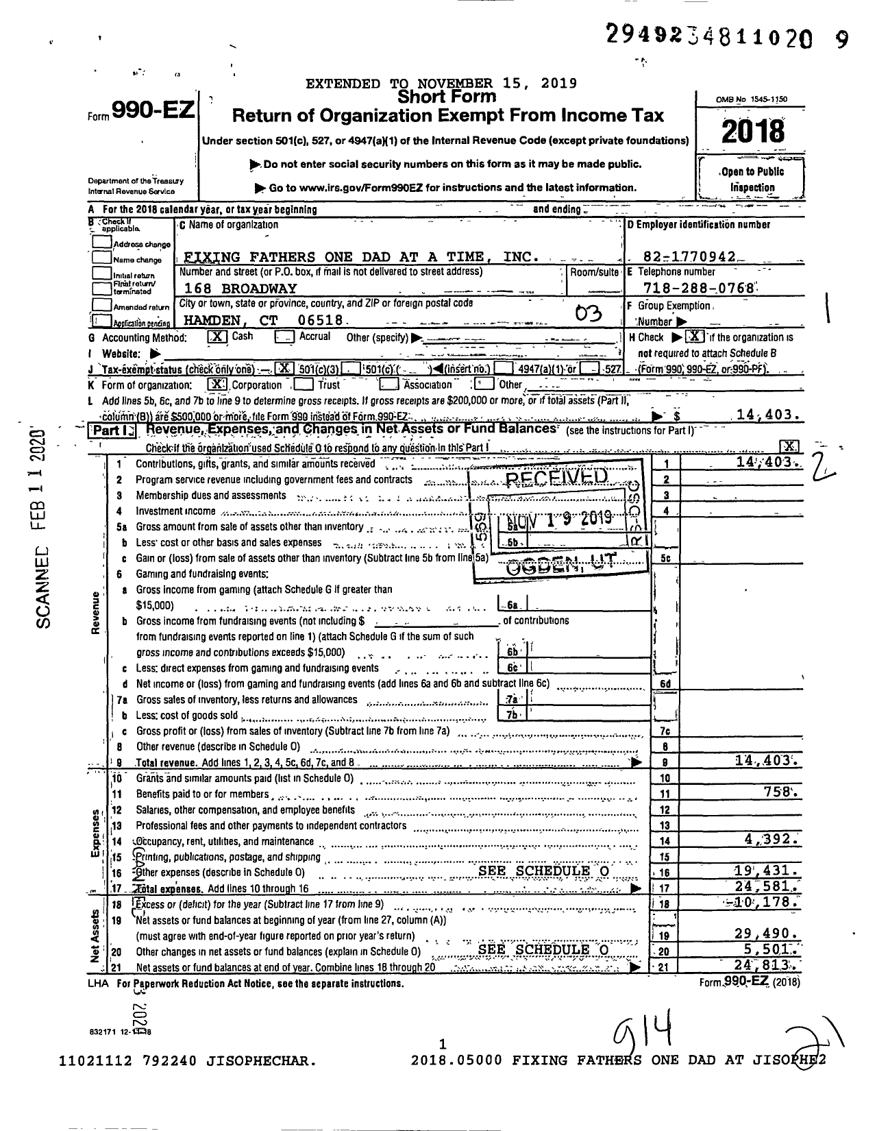 Image of first page of 2018 Form 990EZ for Fixing Fathers One Dad At A Time