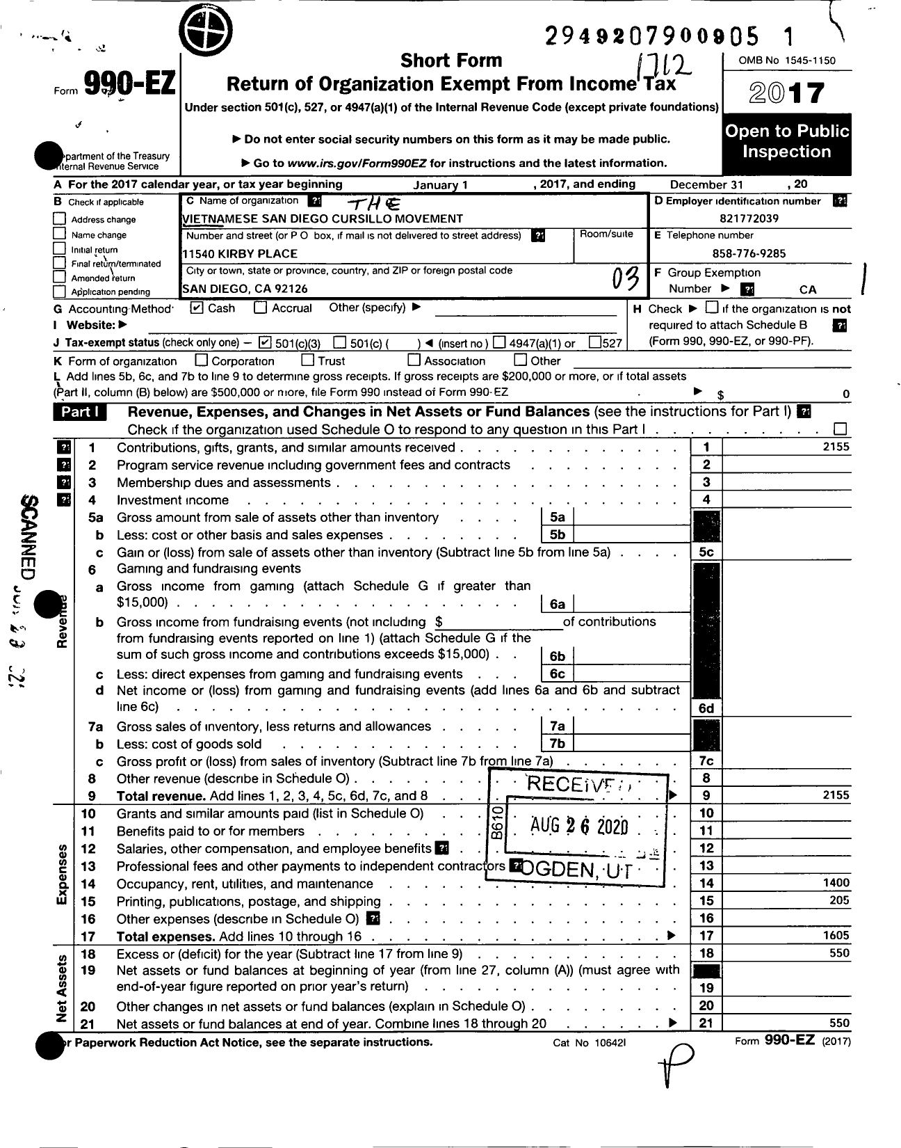 Image of first page of 2017 Form 990EZ for Vietnamese San Diego Cursillo Movement