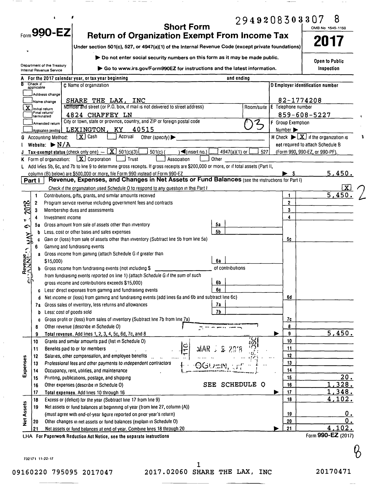 Image of first page of 2017 Form 990EZ for Share the Lax