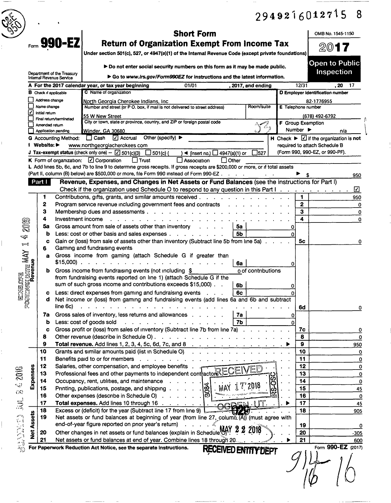 Image of first page of 2017 Form 990EZ for North Georgia Cherokee Indians