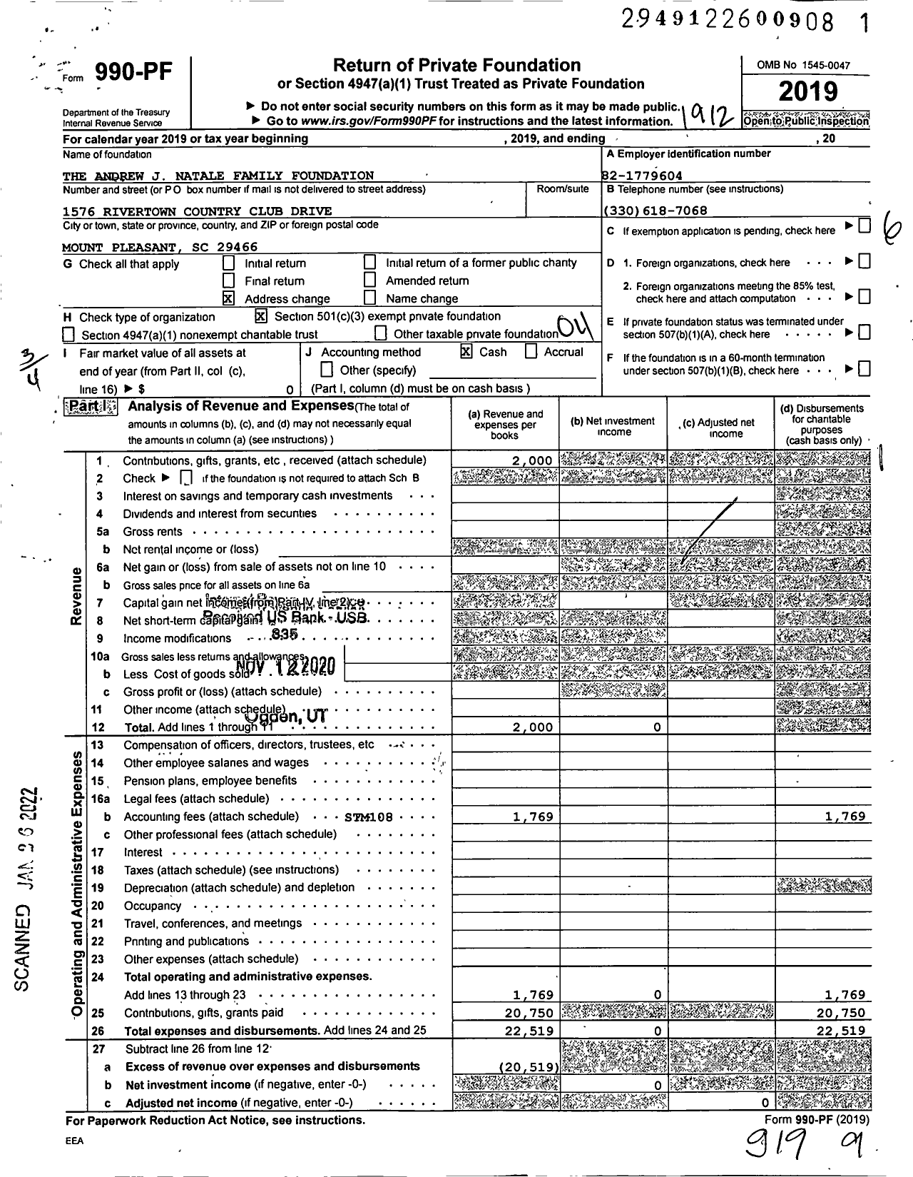 Image of first page of 2019 Form 990PF for The Andrew J Natale Family Foundation