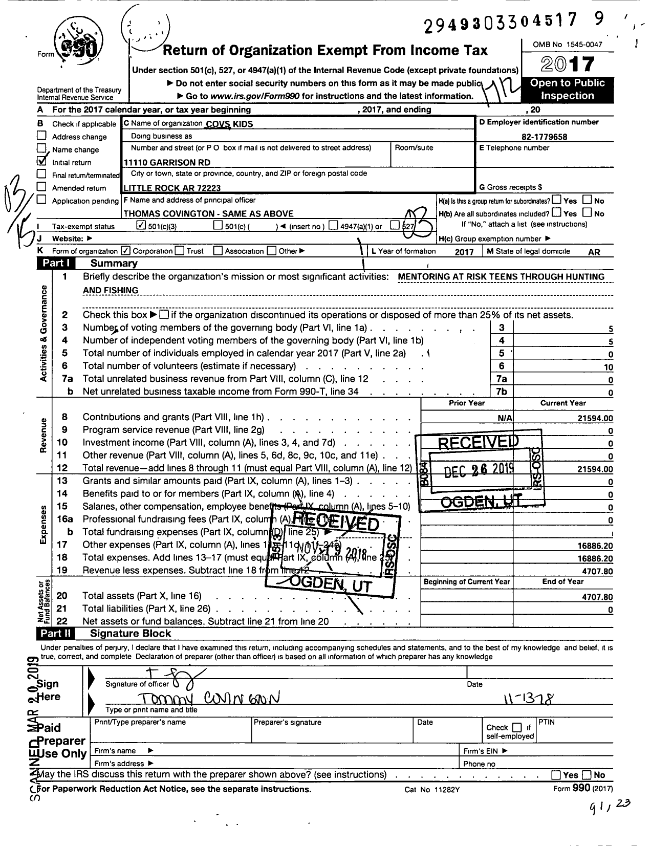 Image of first page of 2017 Form 990 for Covs Kids