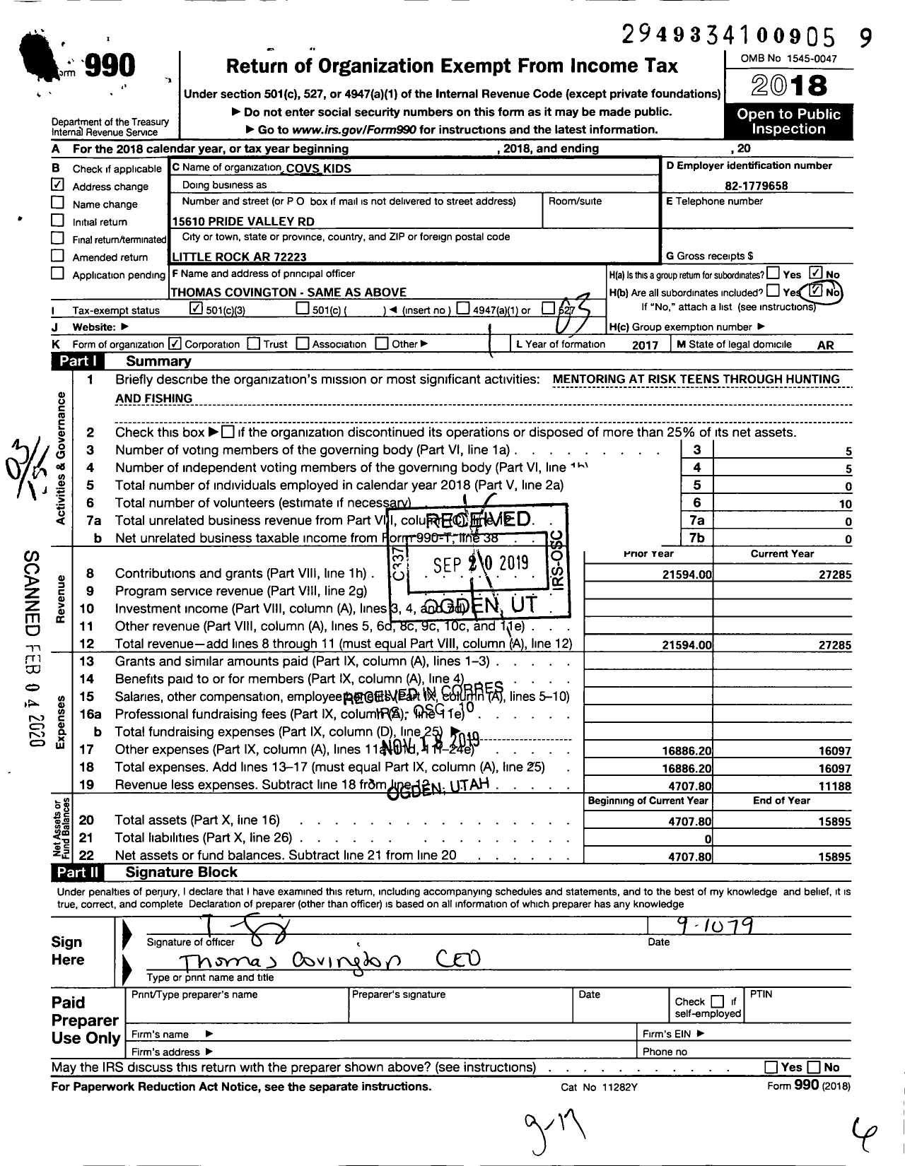 Image of first page of 2018 Form 990 for Covs Kids