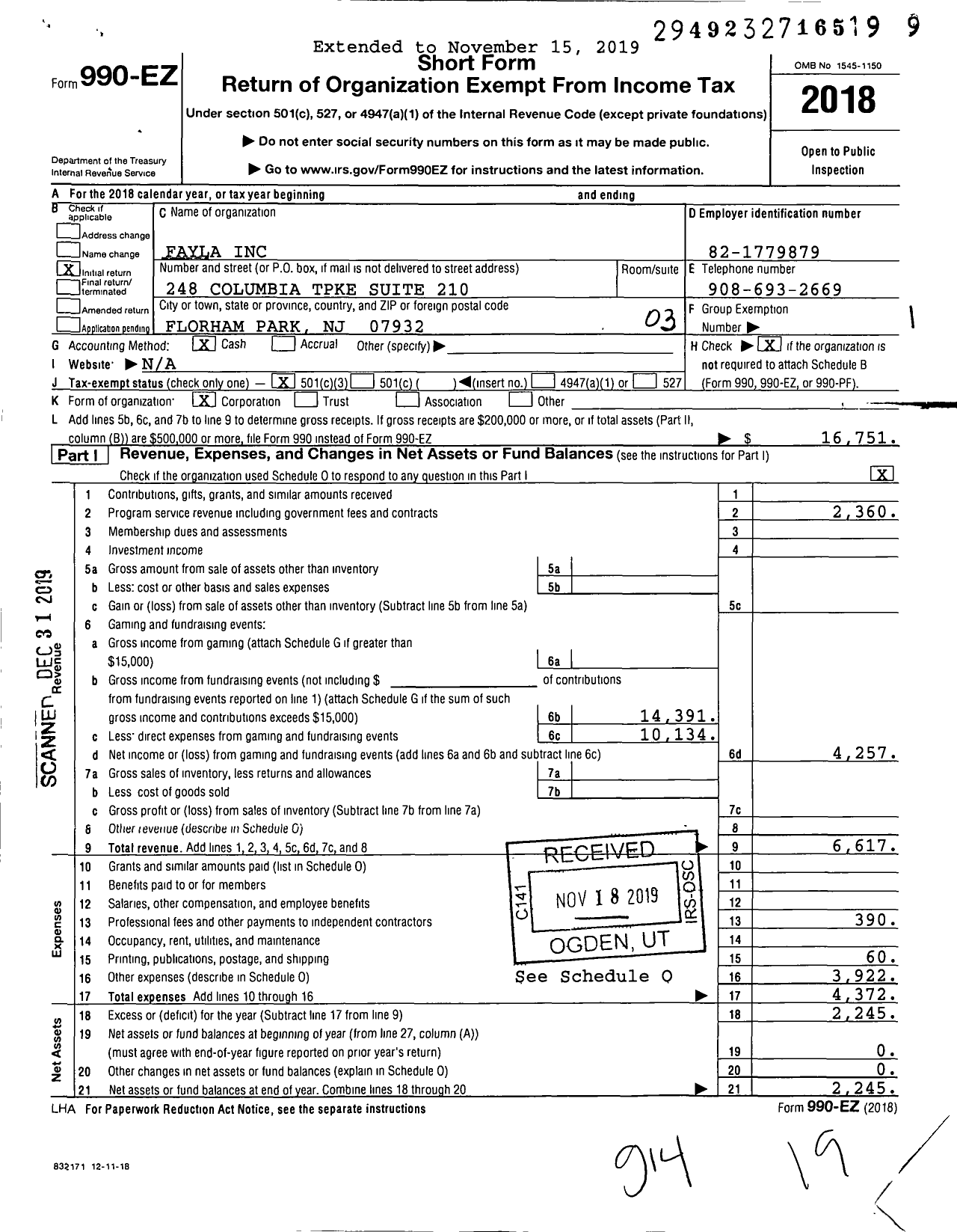 Image of first page of 2018 Form 990EZ for Fayla