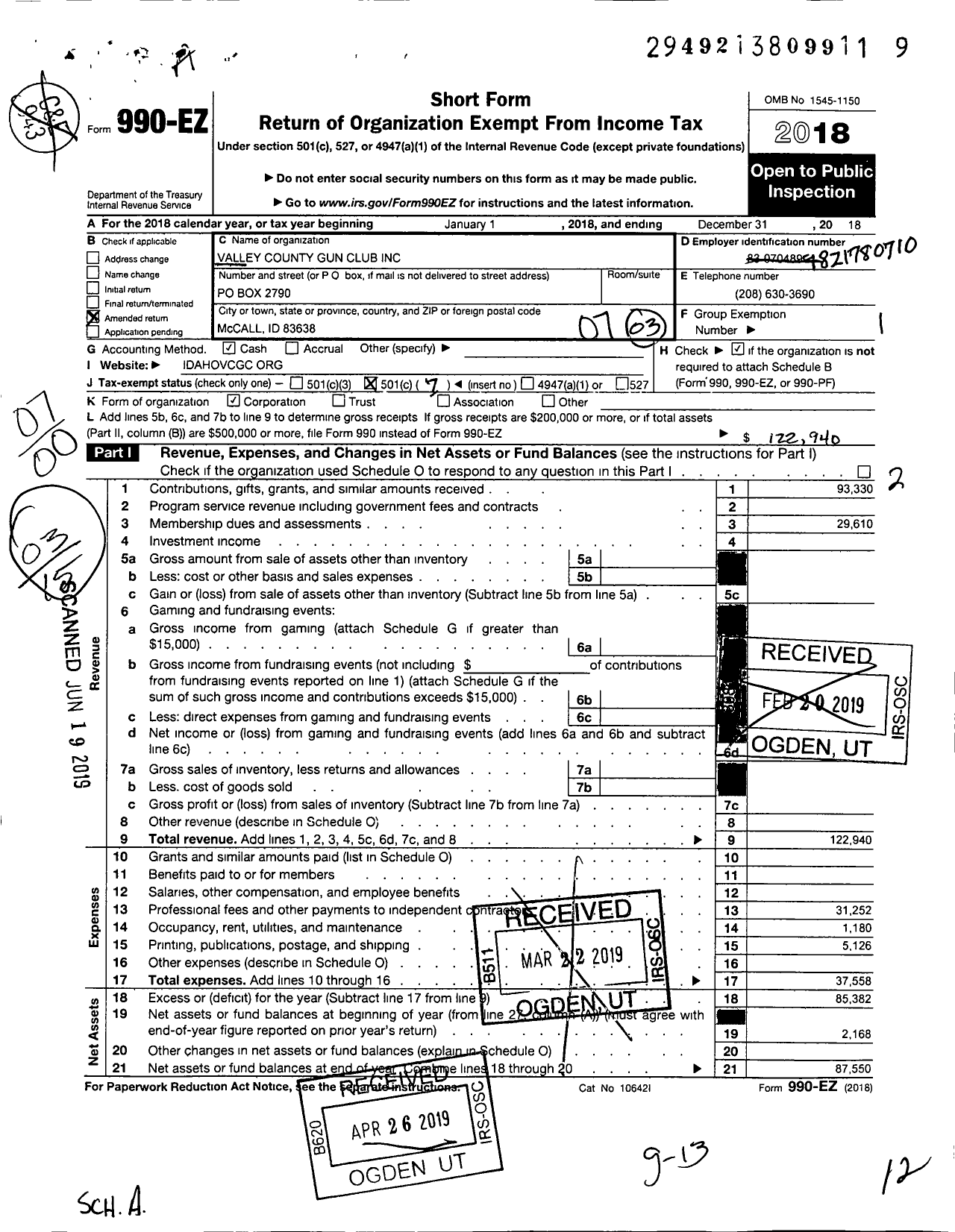 Image of first page of 2018 Form 990EO for Valley County Gun Club