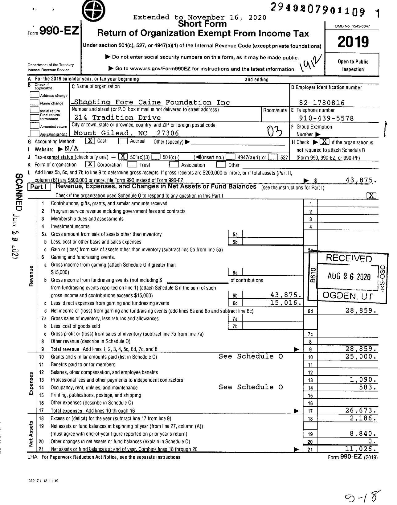 Image of first page of 2019 Form 990EZ for Shooting Fore Caine Foundation