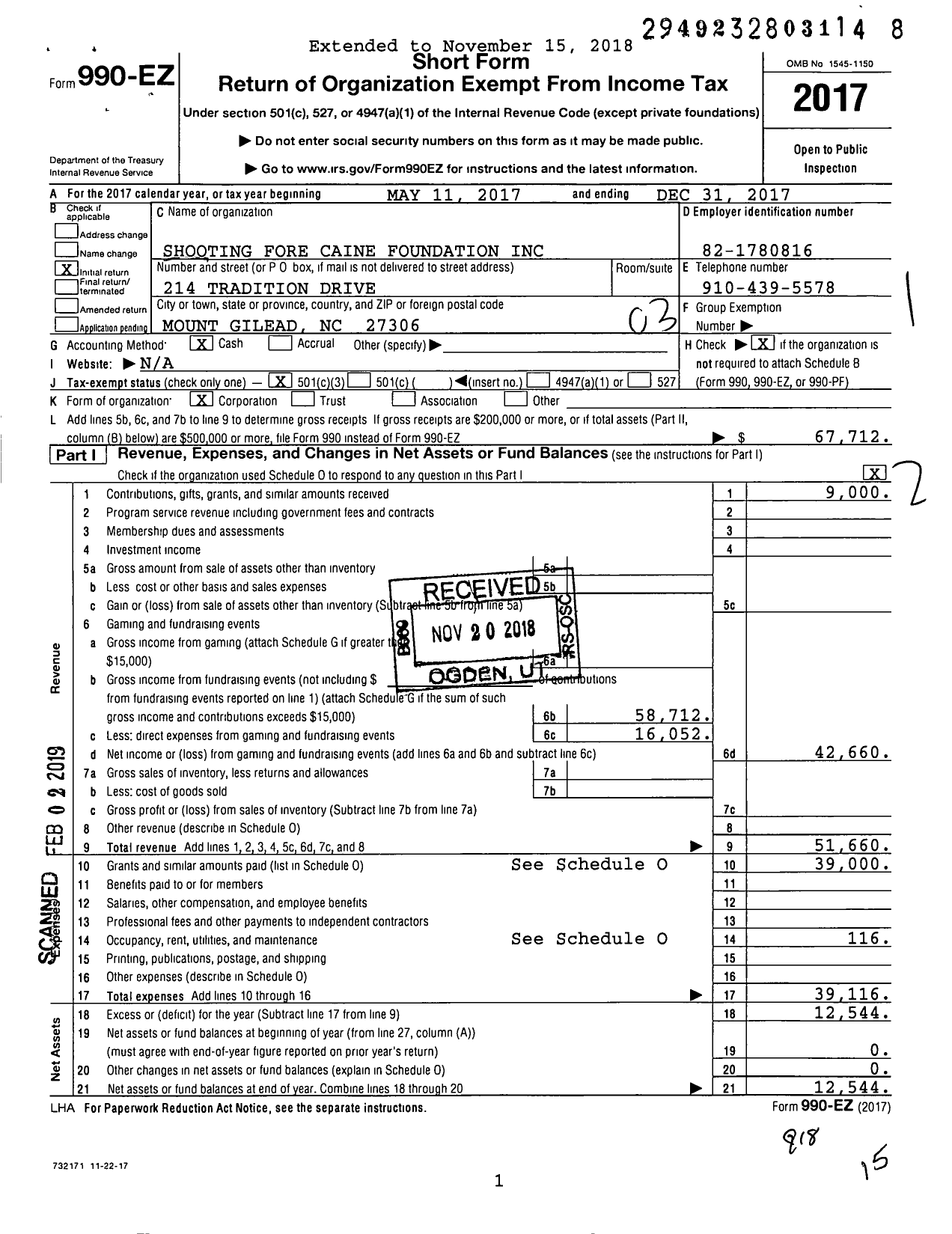 Image of first page of 2017 Form 990EZ for Shooting Fore Caine Foundation
