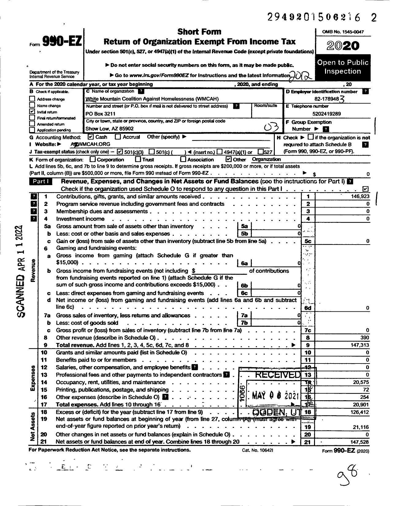 Image of first page of 2020 Form 990EZ for White Mountain Coalition Against Homelessness