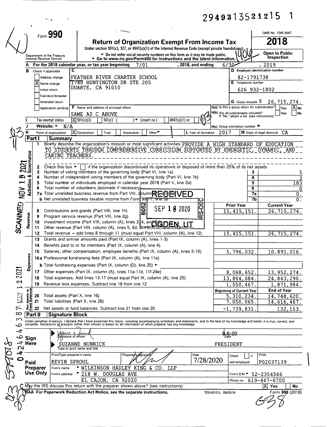 Image of first page of 2018 Form 990 for Feather River Charter School