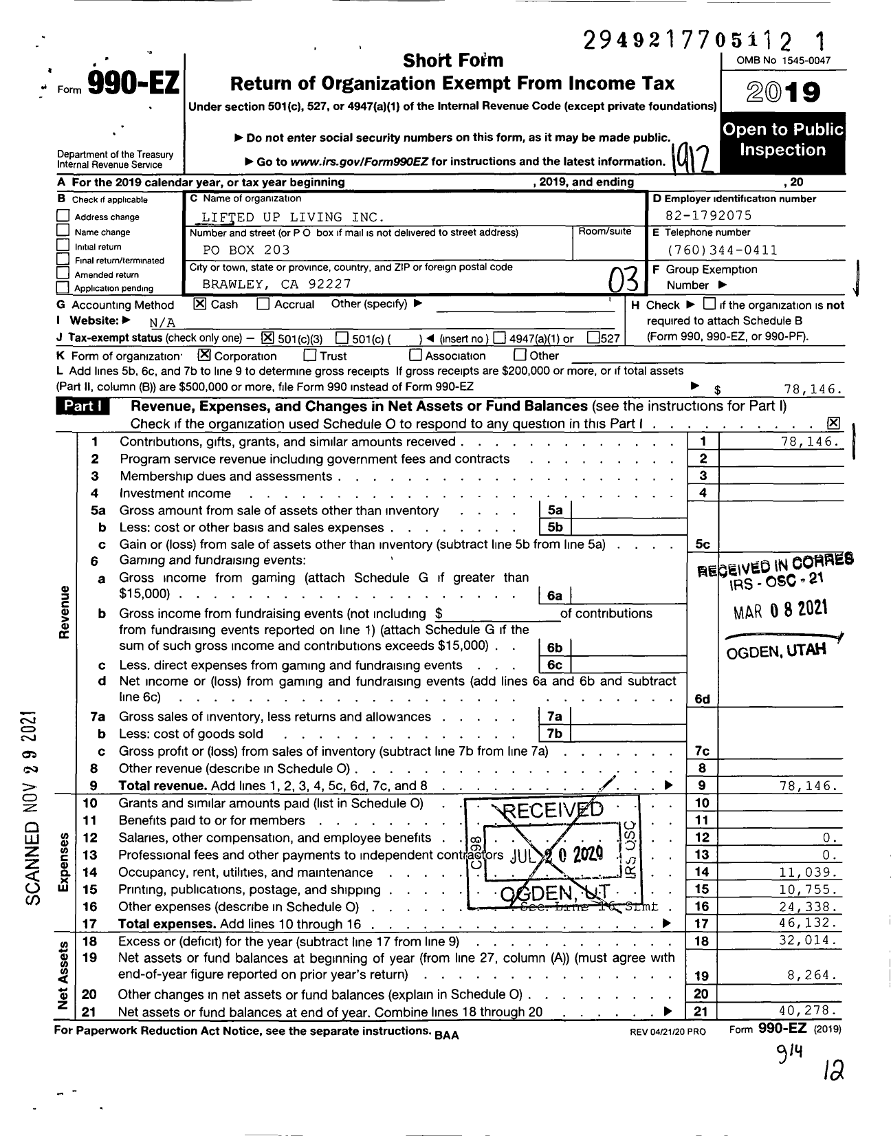 Image of first page of 2019 Form 990EZ for Lifted Up Living