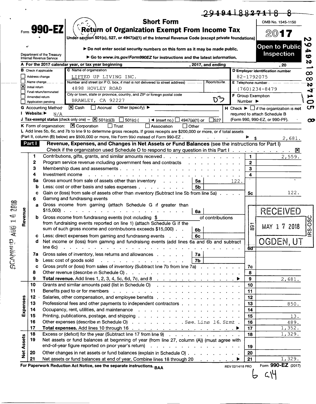 Image of first page of 2017 Form 990EZ for Lifted Up Living