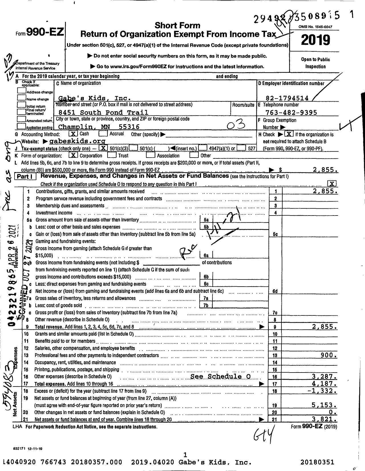 Image of first page of 2019 Form 990EZ for Gabe's Kids