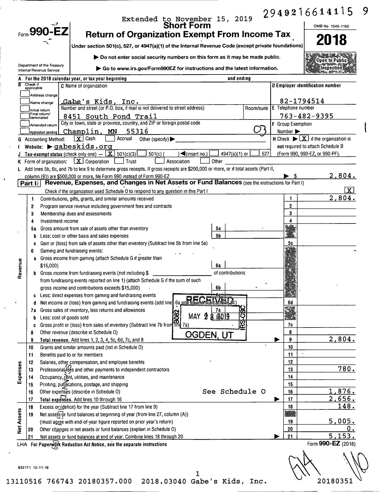 Image of first page of 2018 Form 990EZ for Gabe's Kids