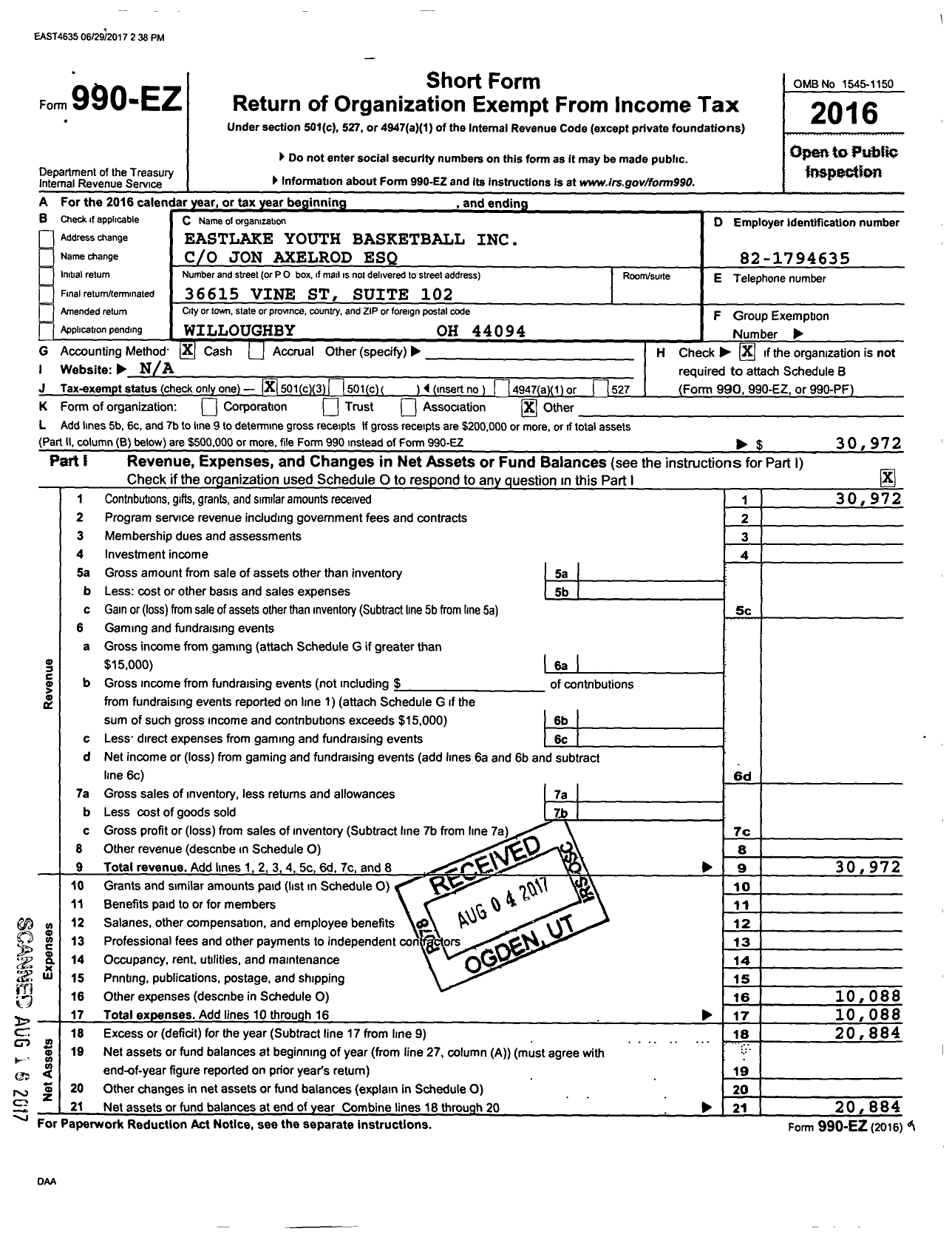 Image of first page of 2016 Form 990EZ for Eastlake Youth Basketball