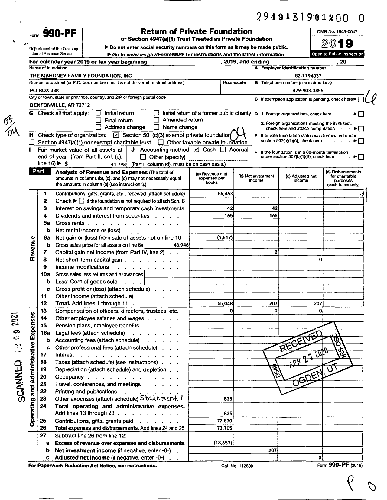 Image of first page of 2019 Form 990PF for Mahoney Family Foundation