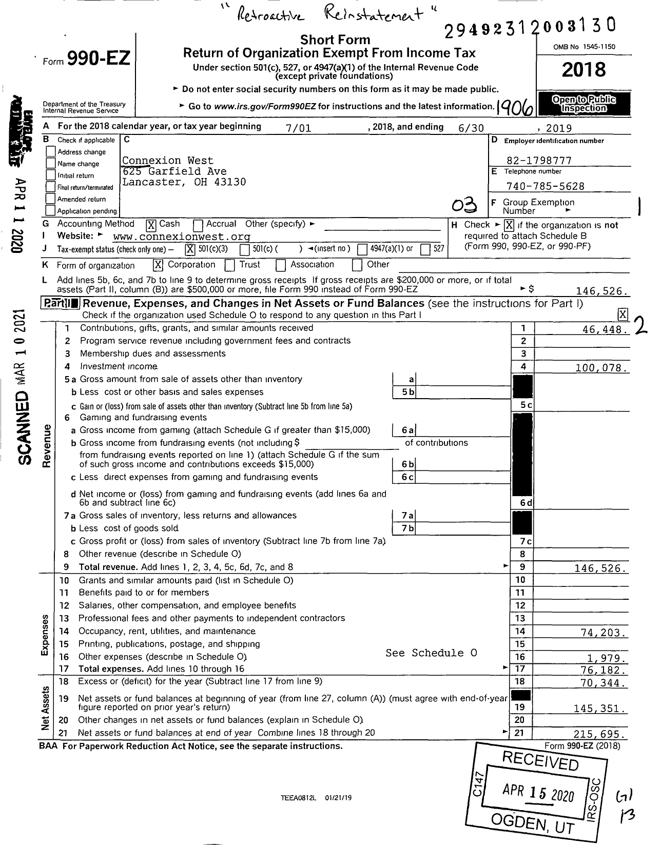 Image of first page of 2018 Form 990EZ for Connexion West