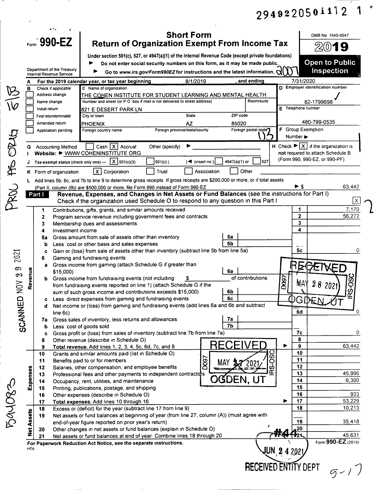 Image of first page of 2019 Form 990EZ for The Cohen Institute for Student Learning and Mental Health