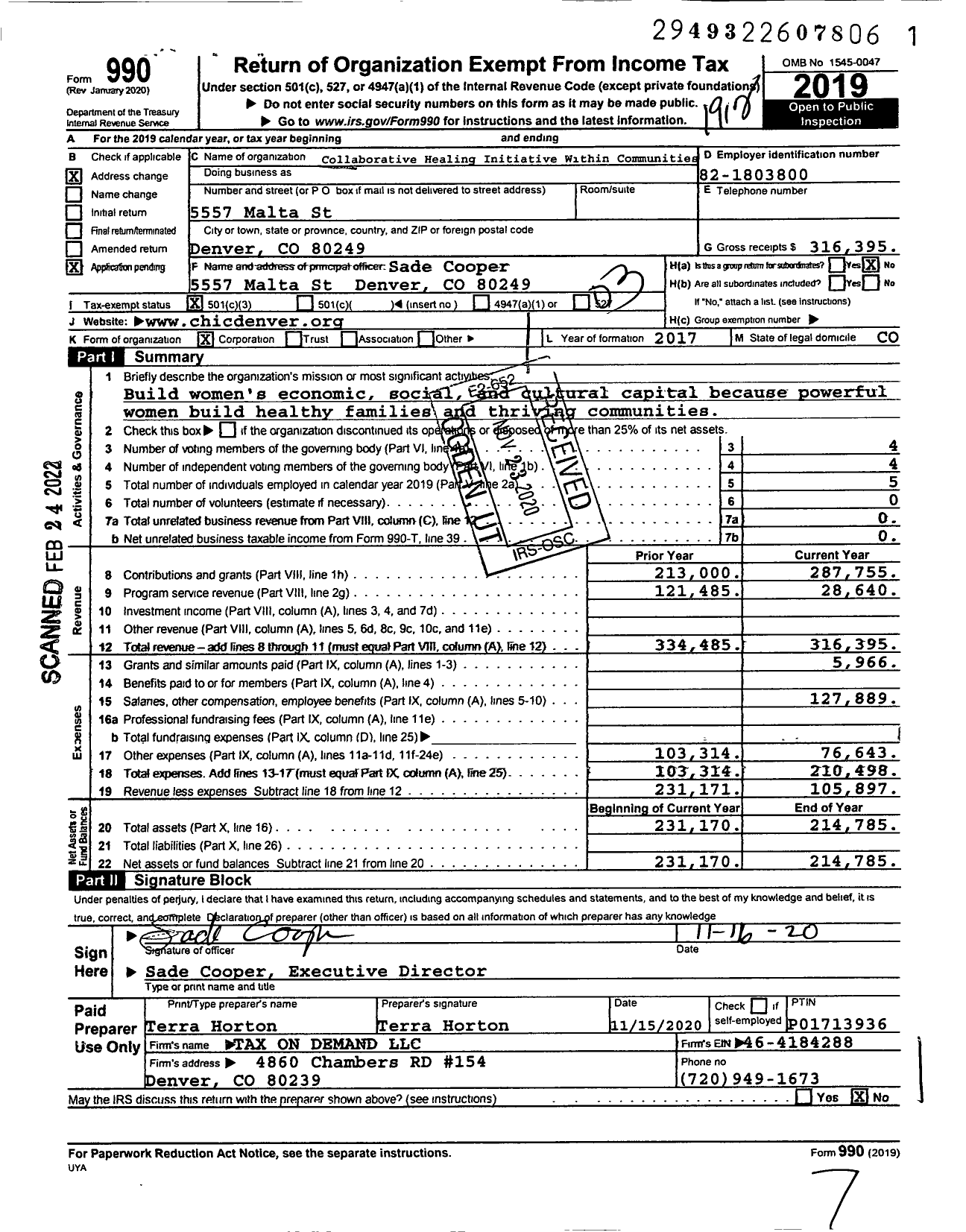 Image of first page of 2019 Form 990 for Collaborative Healing Initiative Within Communities (CHIC)