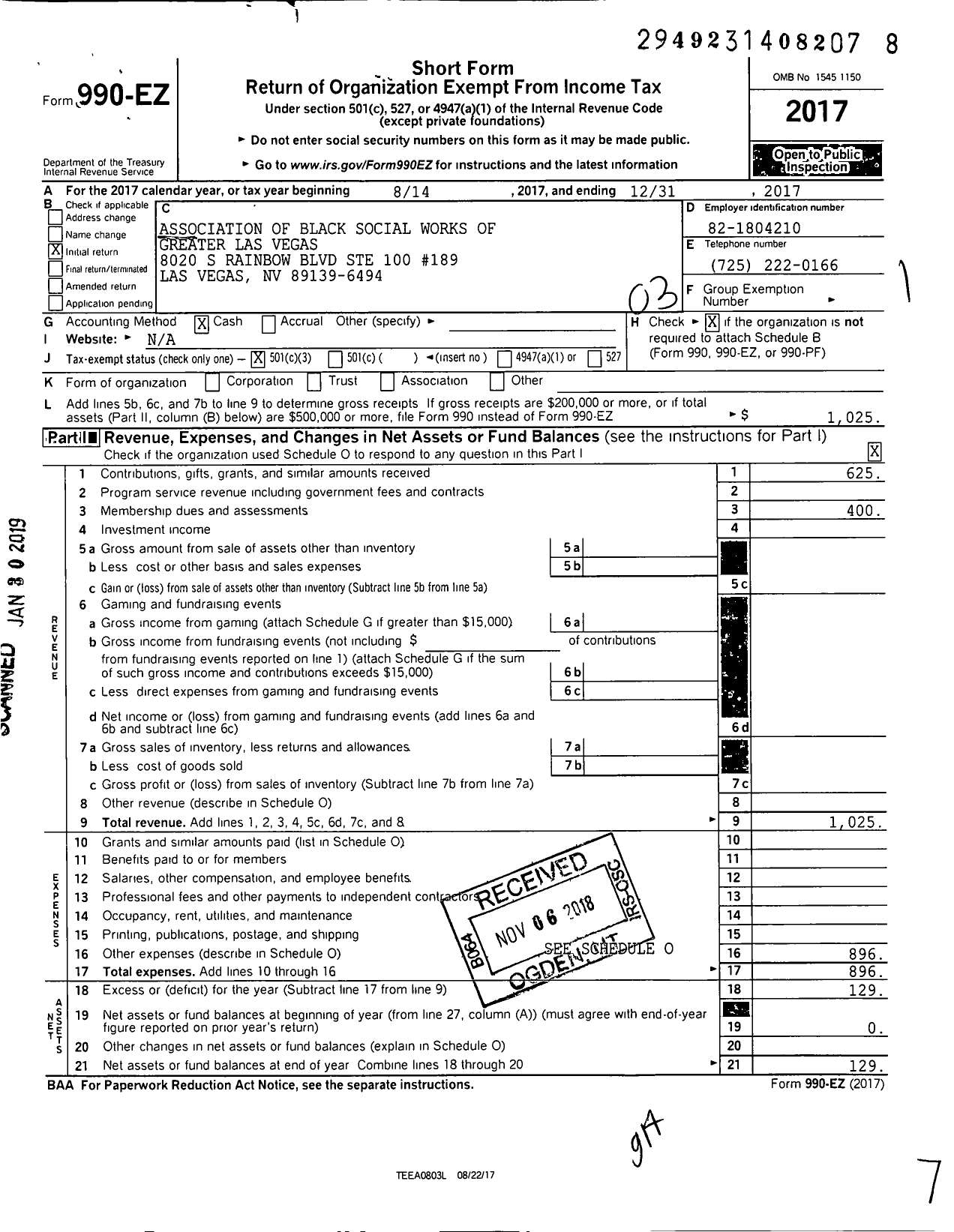 Image of first page of 2017 Form 990EZ for Association of Black Social Workers of Greater Las Vegas