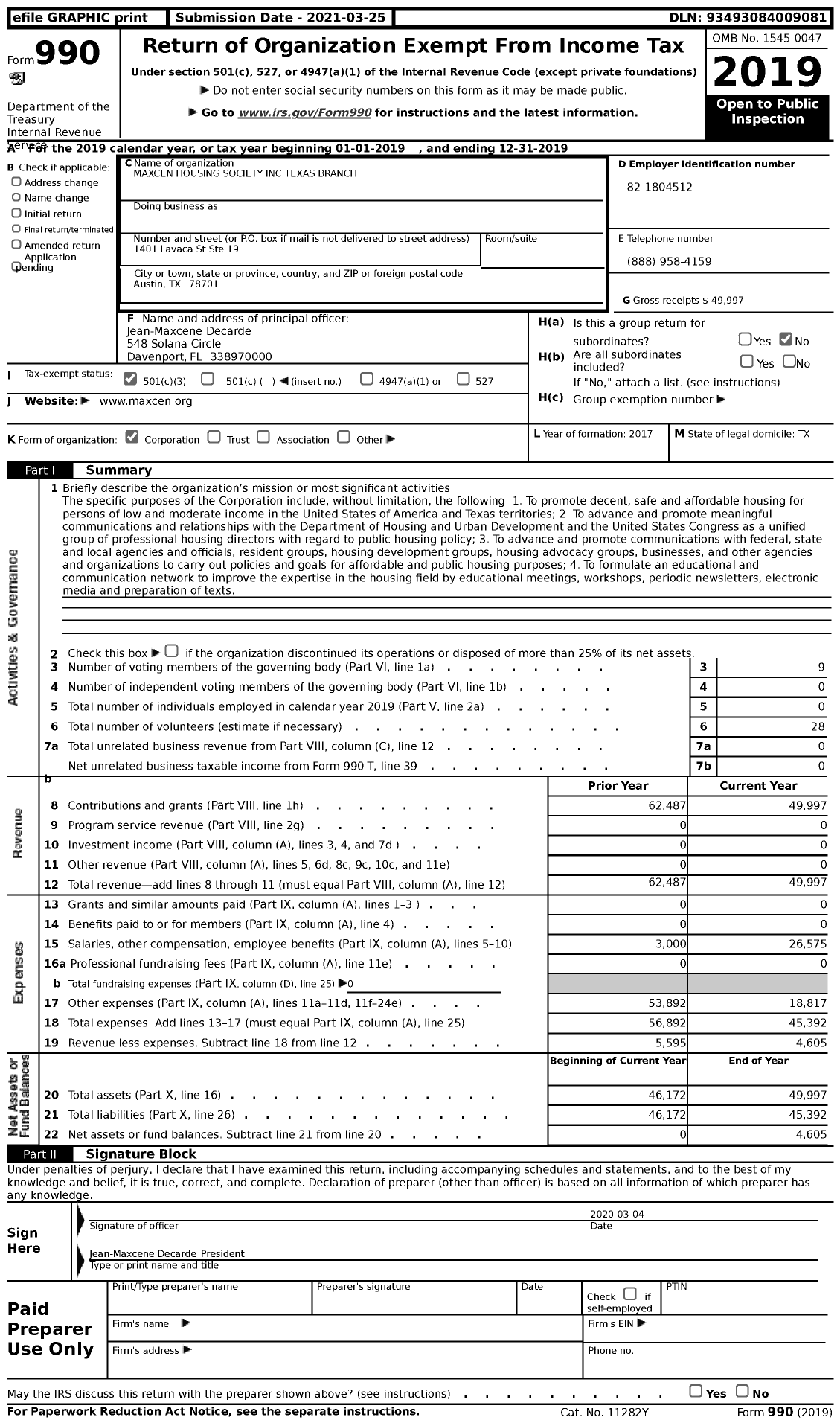 Image of first page of 2019 Form 990 for Maxcen Housing Society Texas Branch