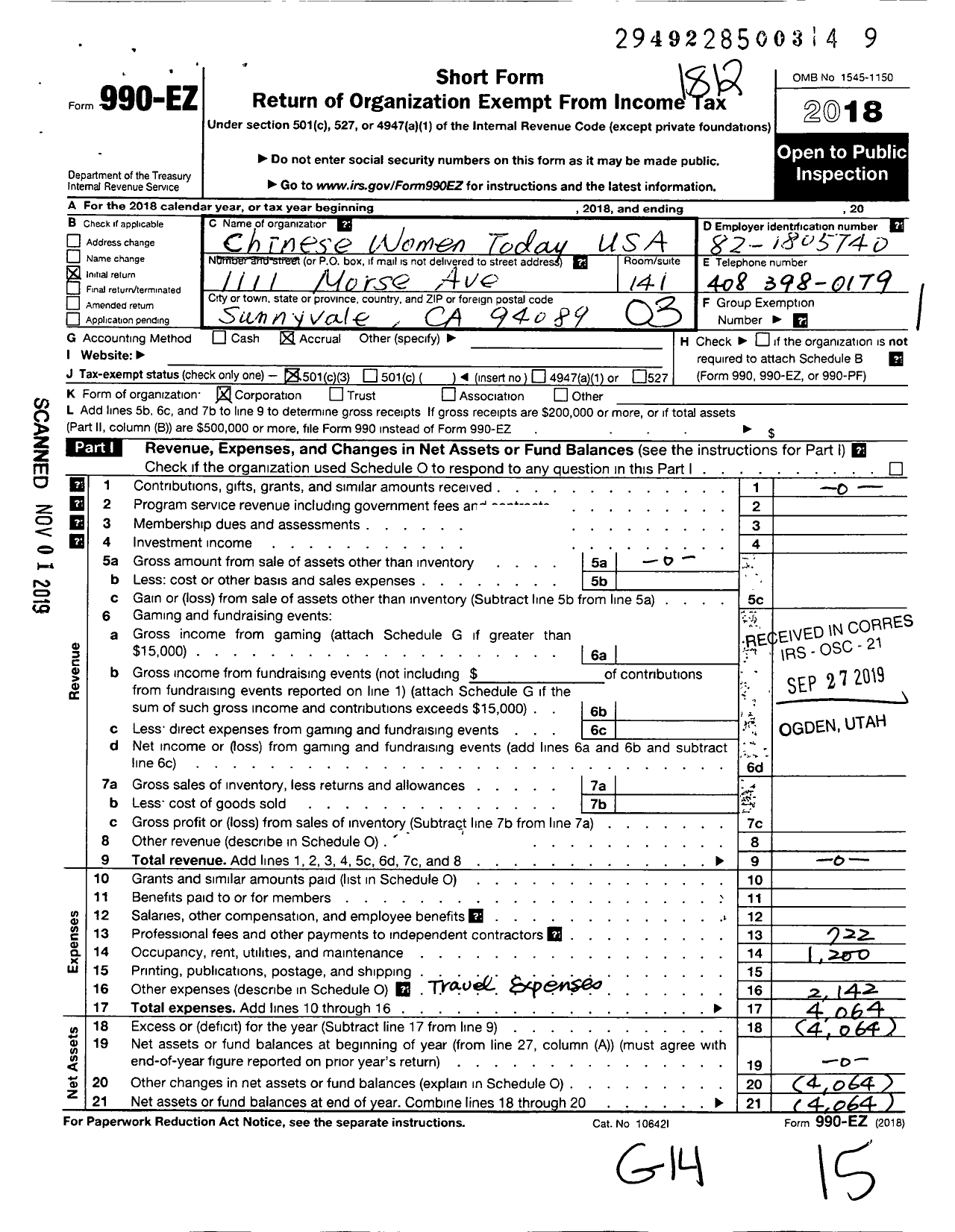 Image of first page of 2018 Form 990EZ for Chinese Women Today USA