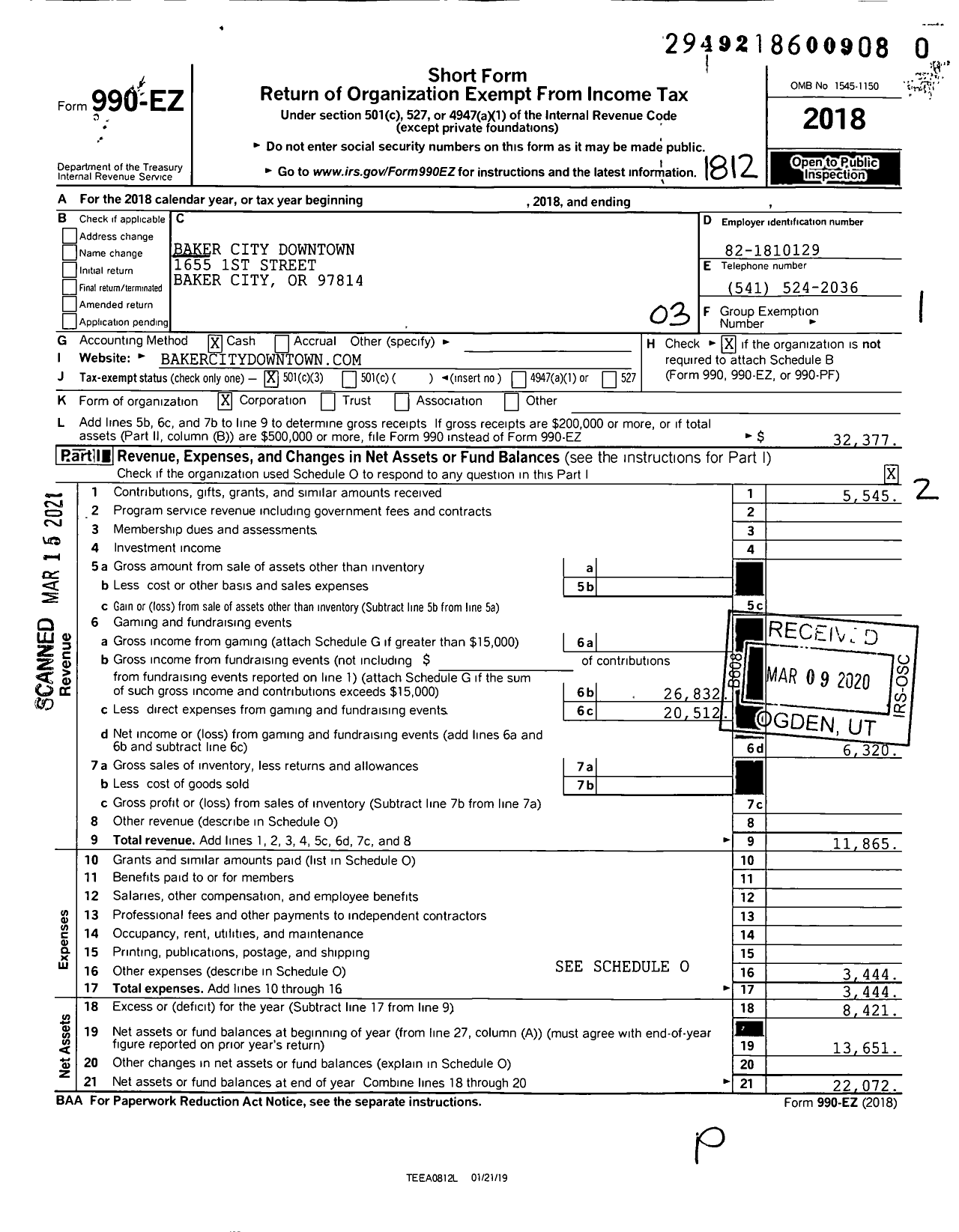 Image of first page of 2018 Form 990EZ for Baker City Downtown