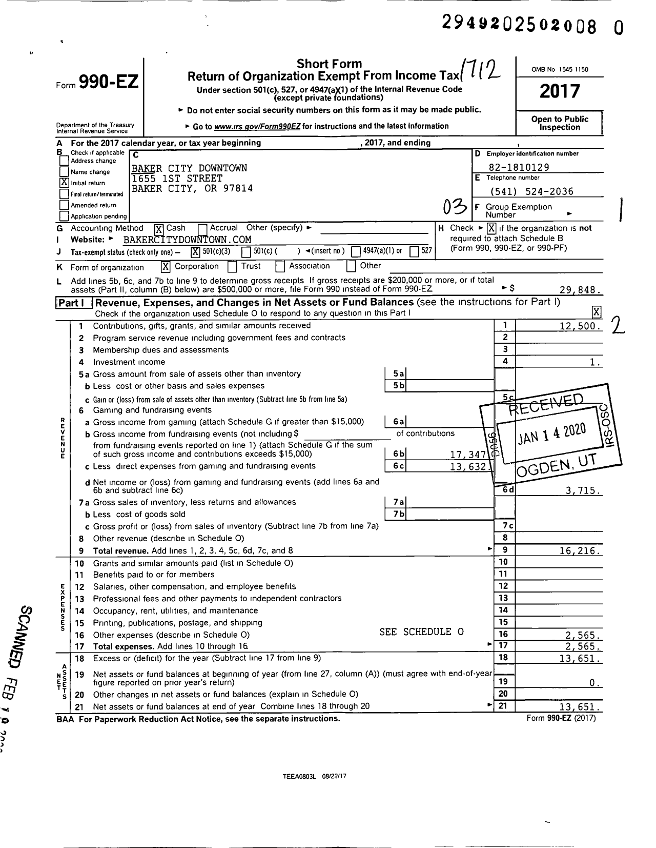 Image of first page of 2017 Form 990EZ for Baker City Downtown