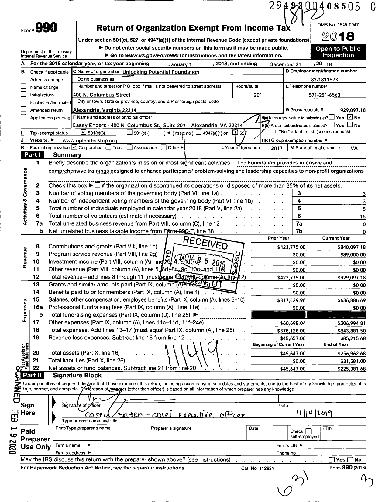 Image of first page of 2018 Form 990 for Unlocking Potential Foundation