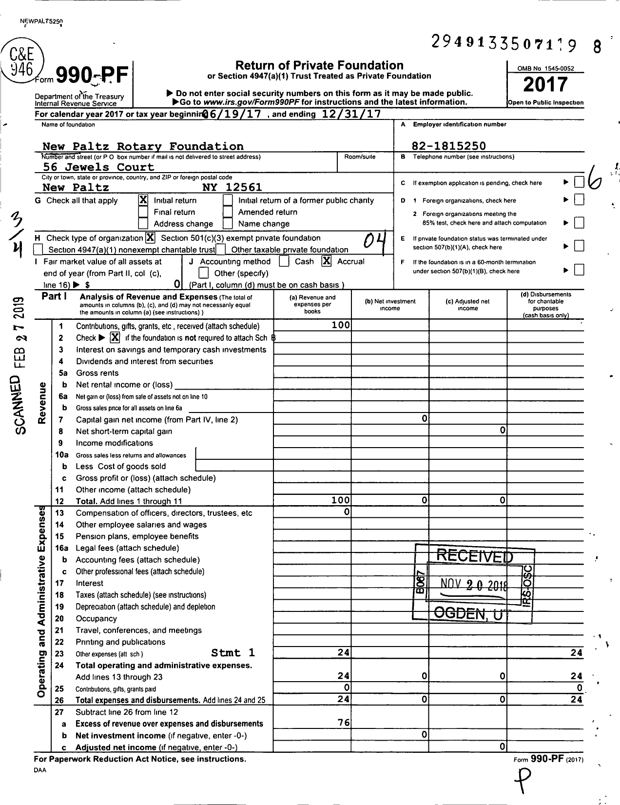 Image of first page of 2017 Form 990PF for New Paltz Rotary Foundation