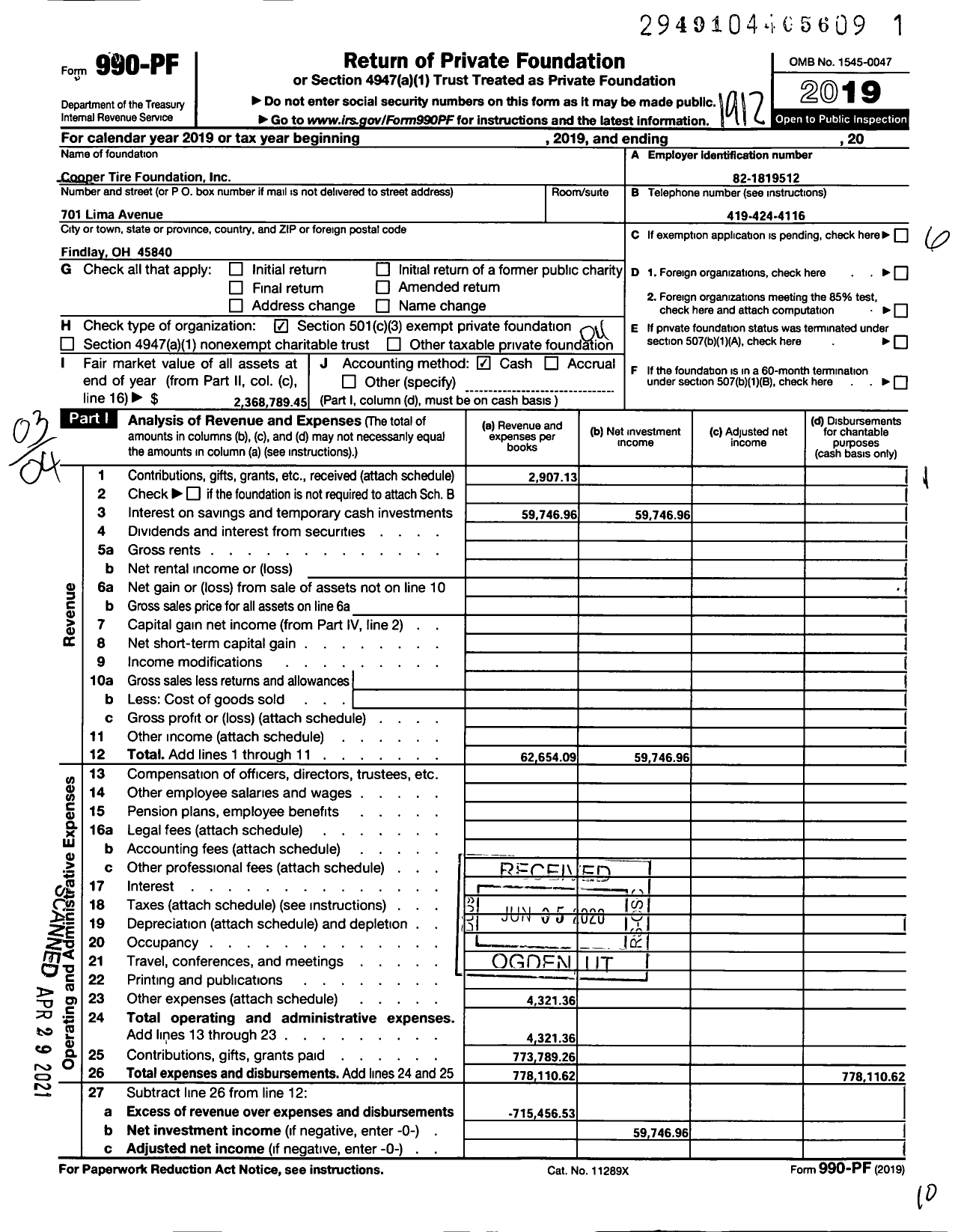 Image of first page of 2019 Form 990PF for Cooper Tire Foundation