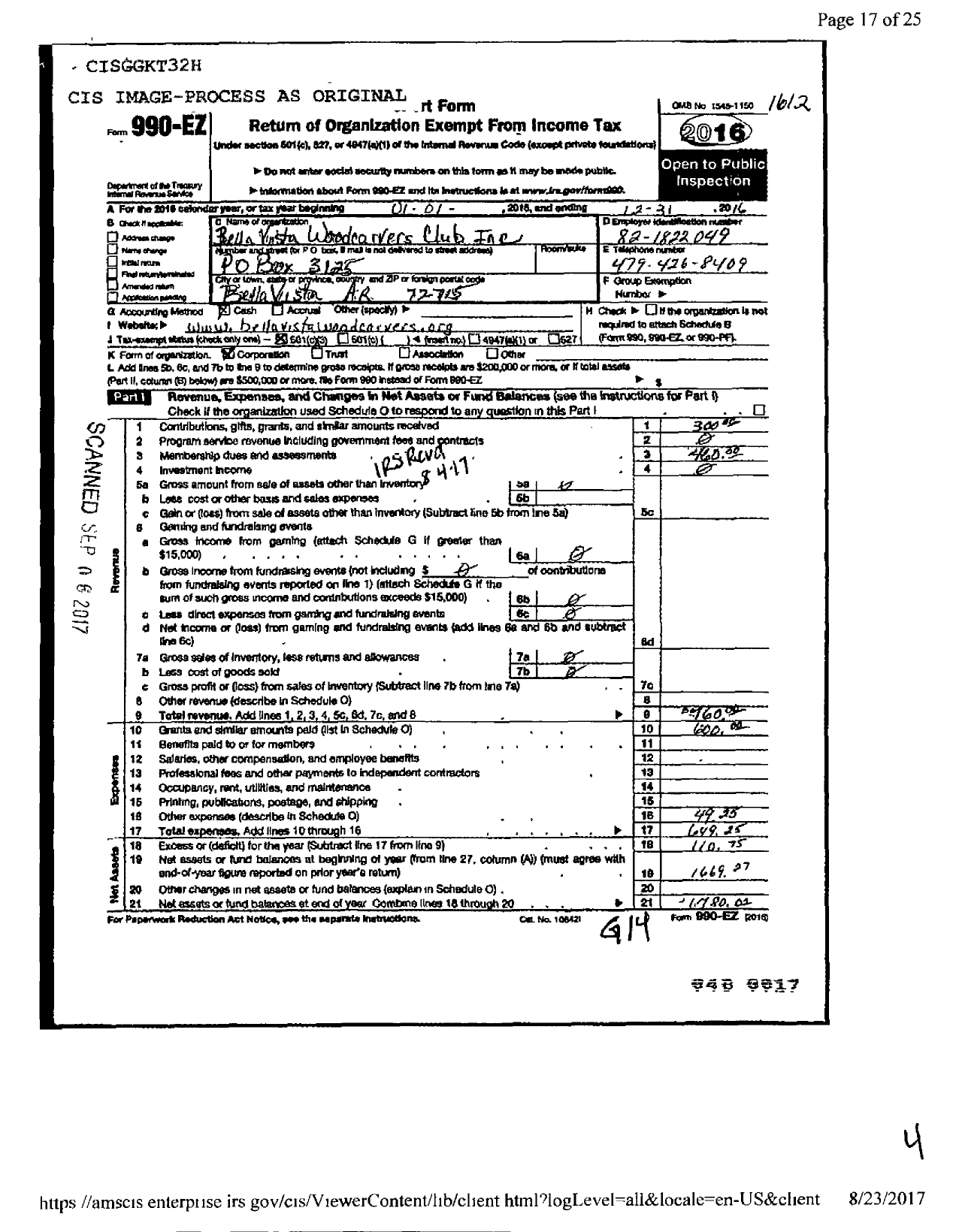 Image of first page of 2016 Form 990EZ for Bella Vista Woodcarvers Club