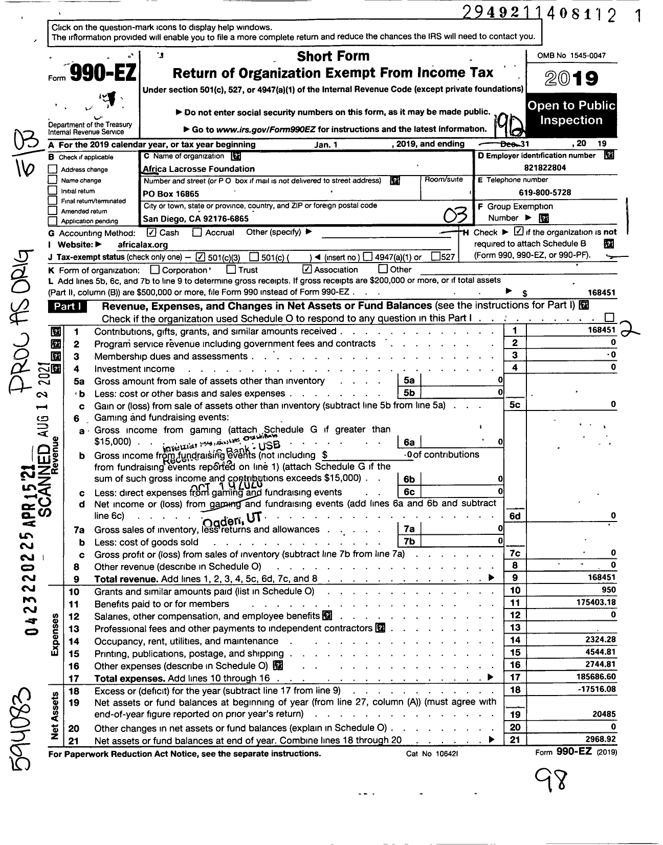 Image of first page of 2019 Form 990EZ for Africa Lacrosse Foundation