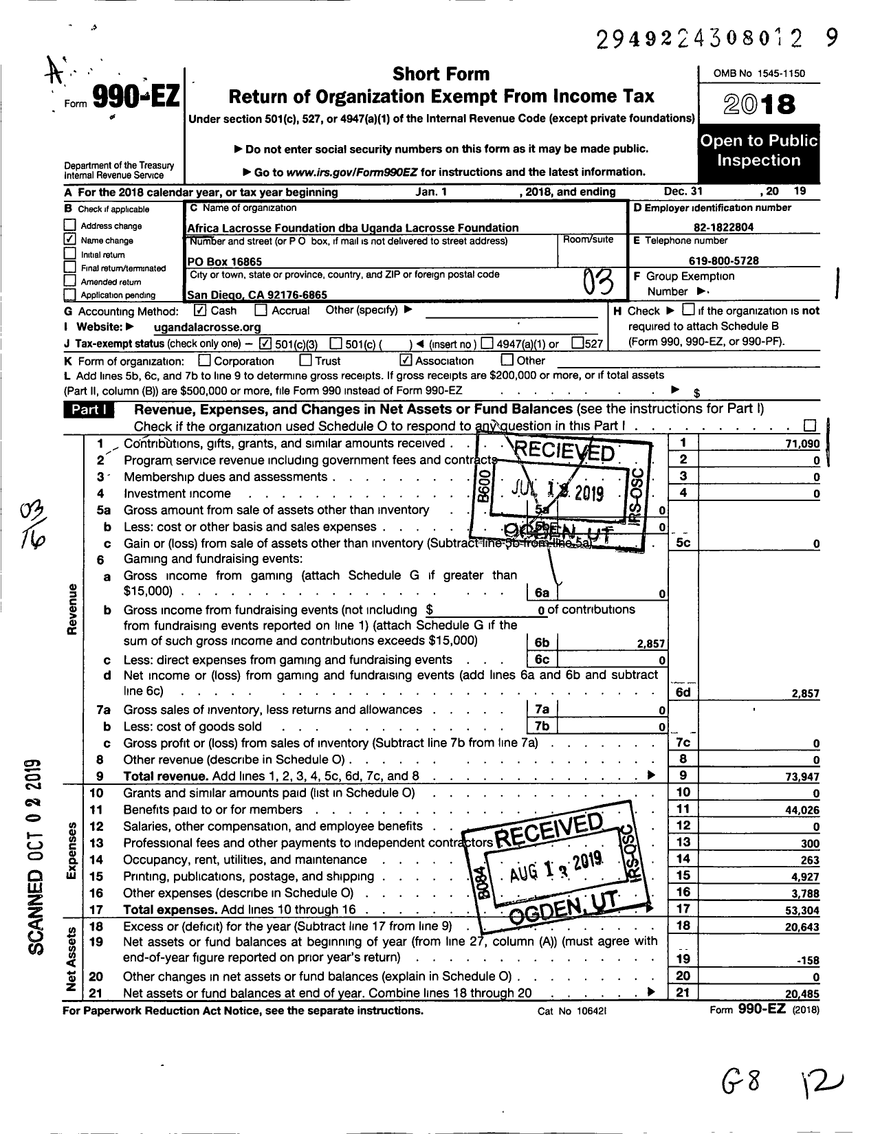 Image of first page of 2018 Form 990EZ for Africa Lacrosse Foundation