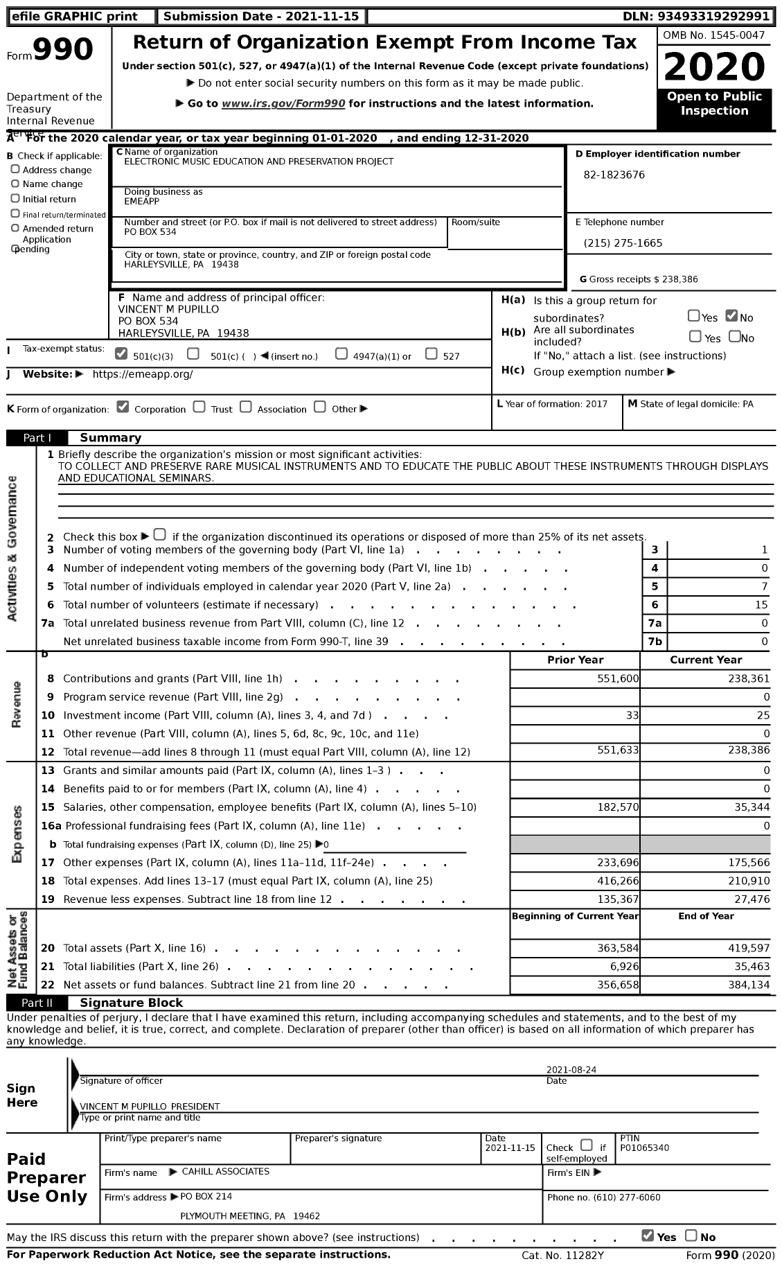 Image of first page of 2020 Form 990 for Electronic Music Education and Preservation Project (EMEAPP)