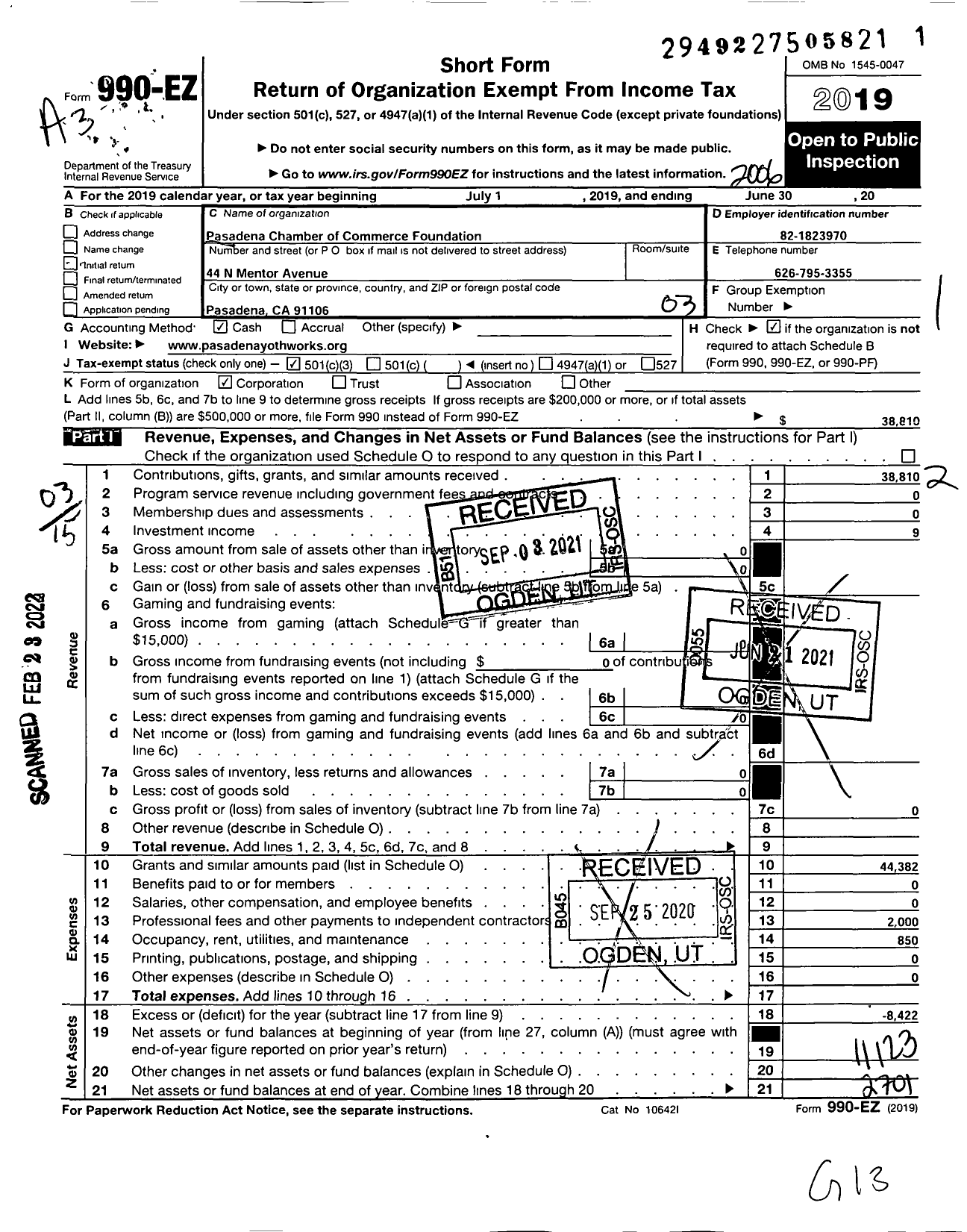 Image of first page of 2019 Form 990EZ for Pasadena Chamber of Commerce Foundation