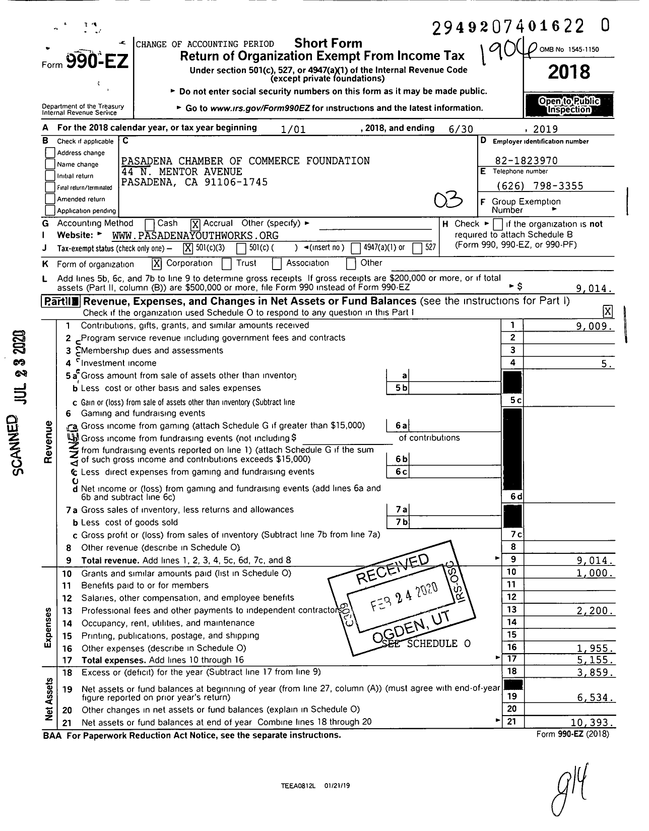 Image of first page of 2018 Form 990EZ for Pasadena Chamber of Commerce Foundation