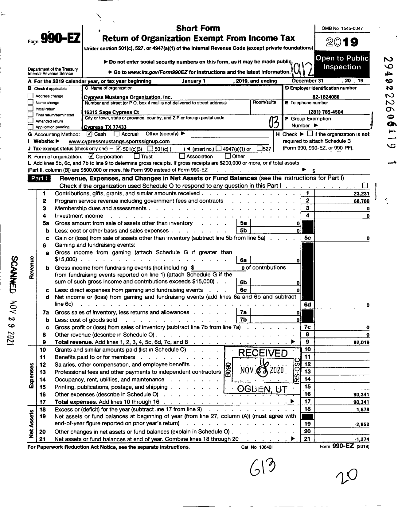 Image of first page of 2019 Form 990EZ for Cypress Mustangs