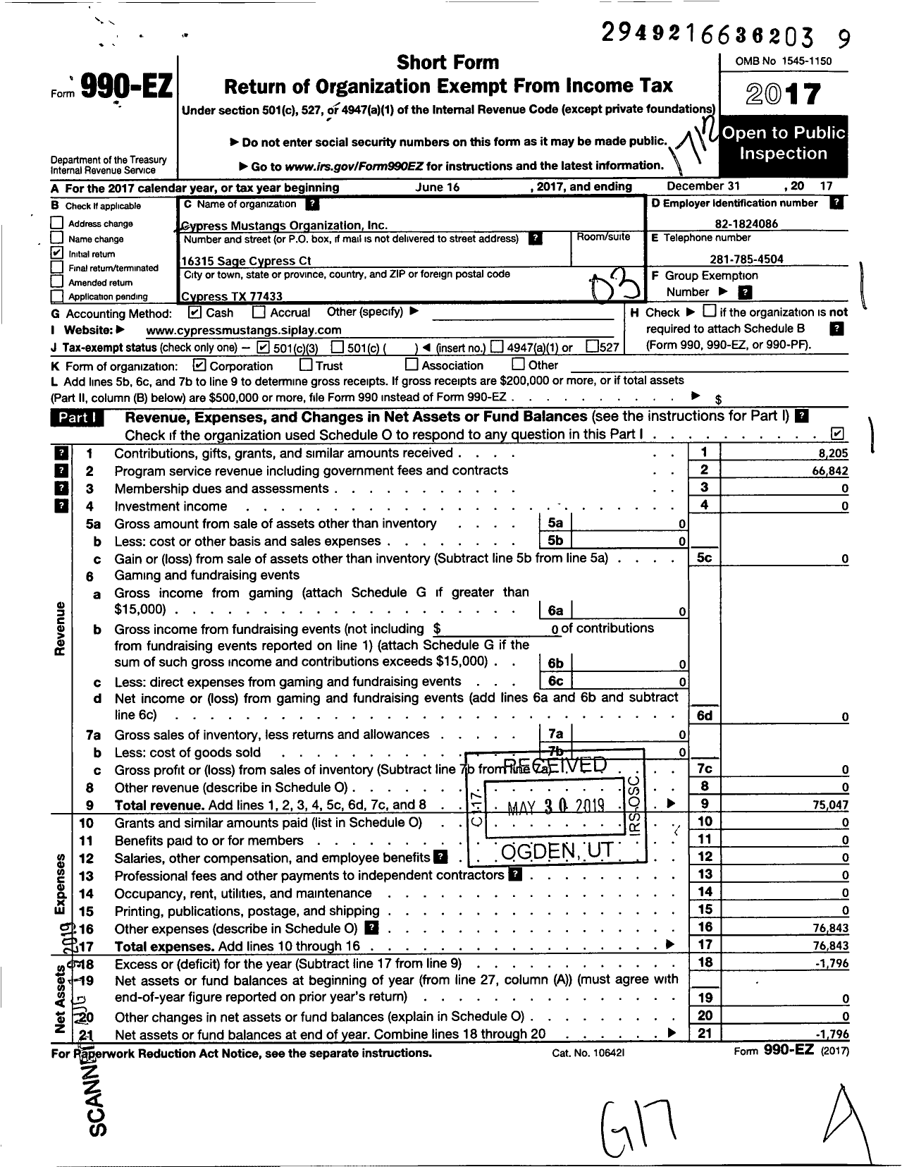 Image of first page of 2017 Form 990EZ for Cypress Mustangs